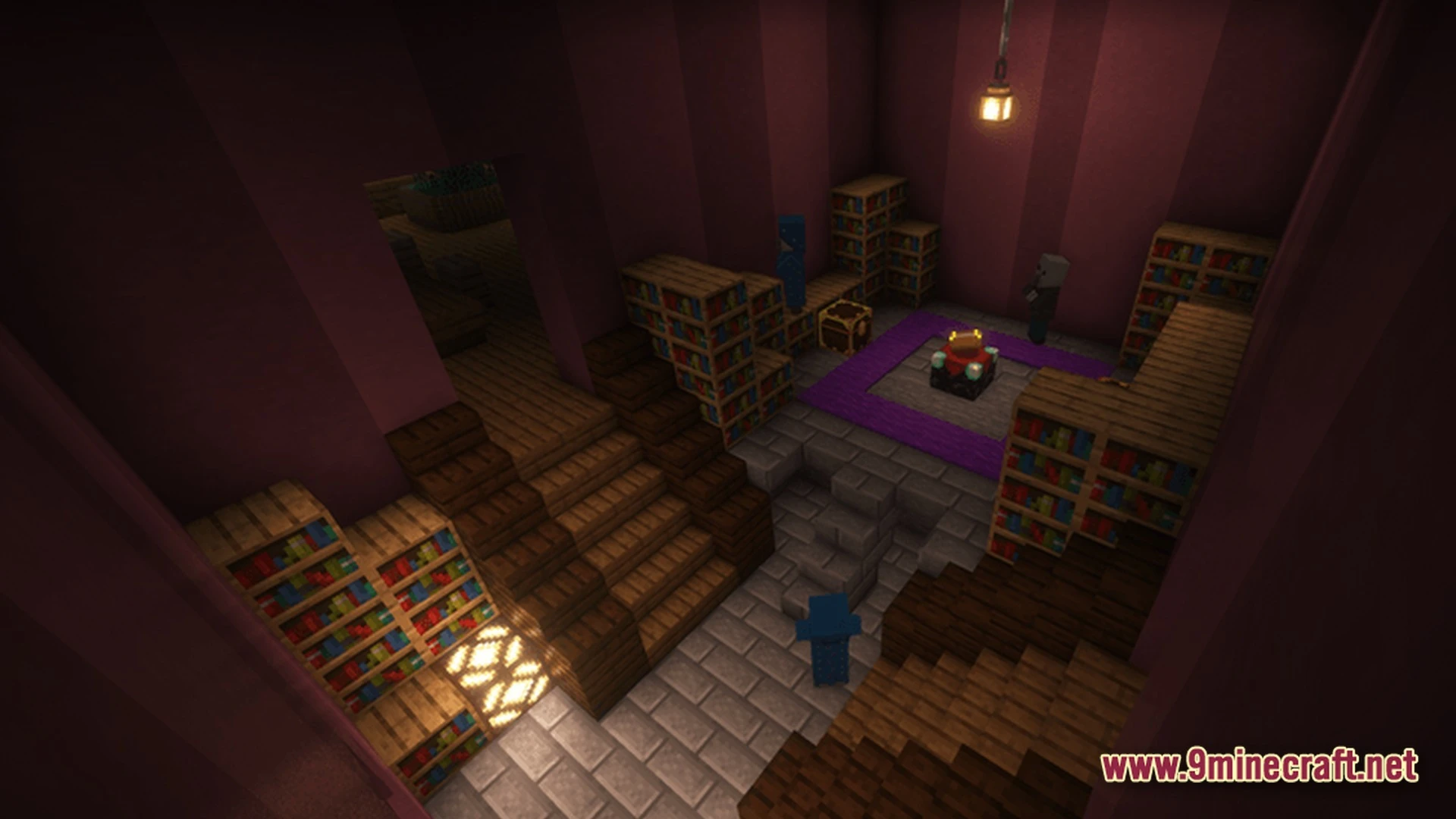 Titan Questline Apex Modpack (1.21.1) – Scorching Sun Hardcore Survival 8 An interior library room featuring bookshelves, an enchantment table, and wooden staircases under dim lighting