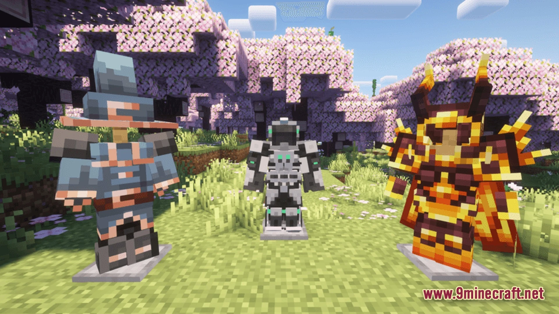 Titan Questline Apex Modpack (1.21.1) – Scorching Sun Hardcore Survival 10 Three sets of custom armor displayed on stands within a cherry blossom forest biome