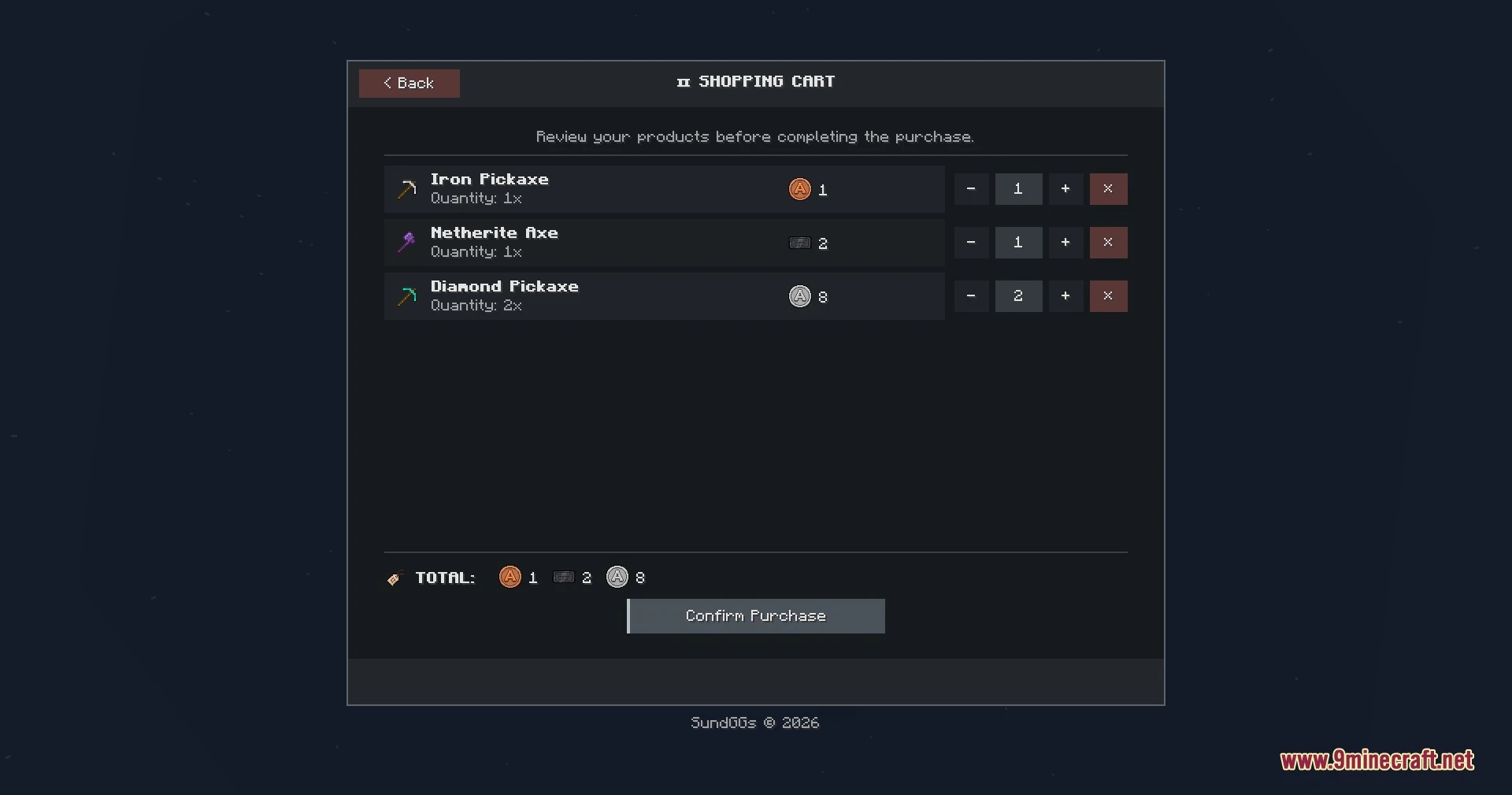Token Ledger Pocket Mod (26.3, 1.20.1) – Buy And Sell Items Anywhere 3 The shopping cart menu displays selected items and the total cost in coins