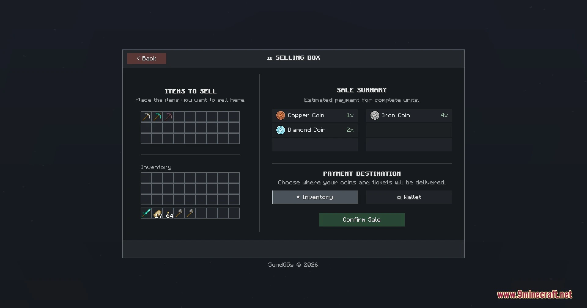 Token Ledger Pocket Mod (26.3, 1.20.1) – Buy And Sell Items Anywhere 5 Minecraft selling box menu for exchanging inventory items for various coins