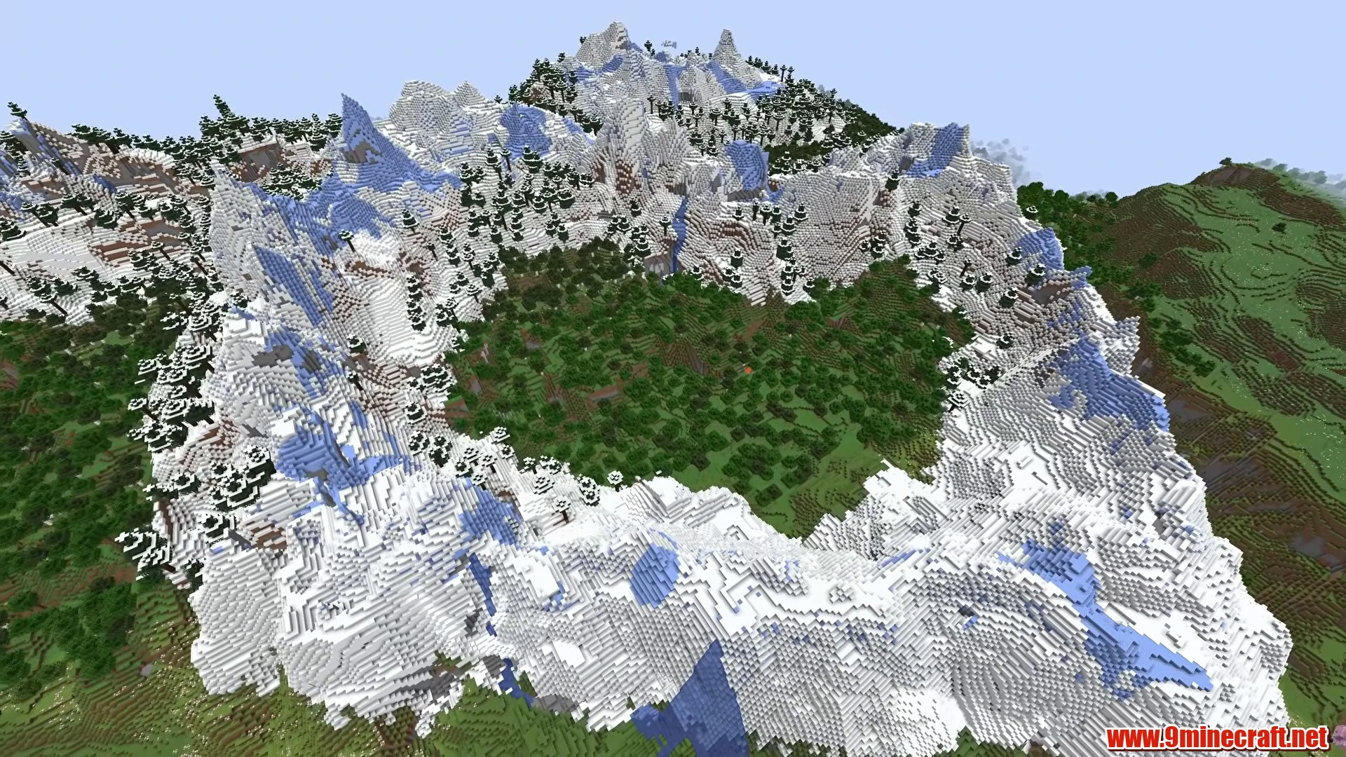 Circular glacier crater mountain valley - minecraft seed 5921936797395394588