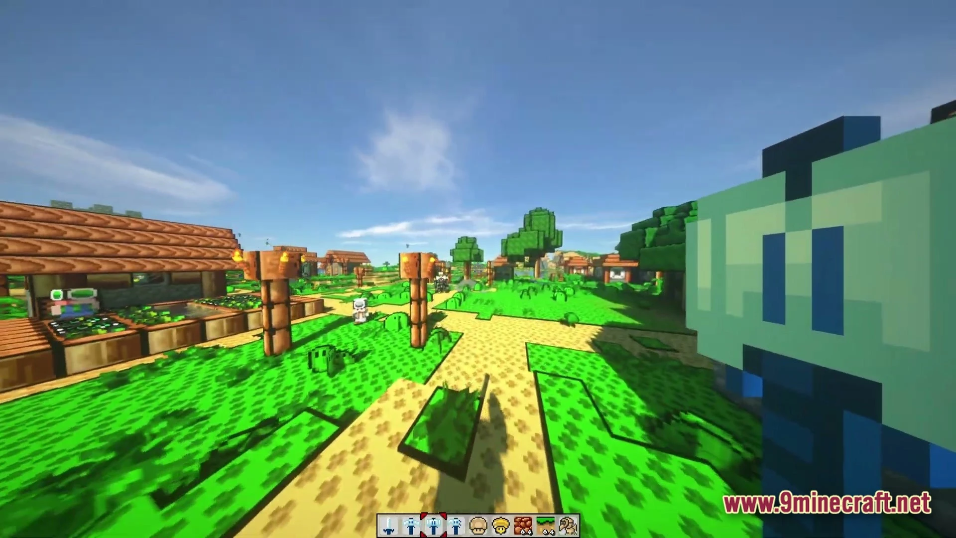 Triple Jump Portal Modpack (1.21.1) – Classic 3D Platformer Survival 4 A stylized minecraft village with custom textures, wooden structures, and a bright green landscape