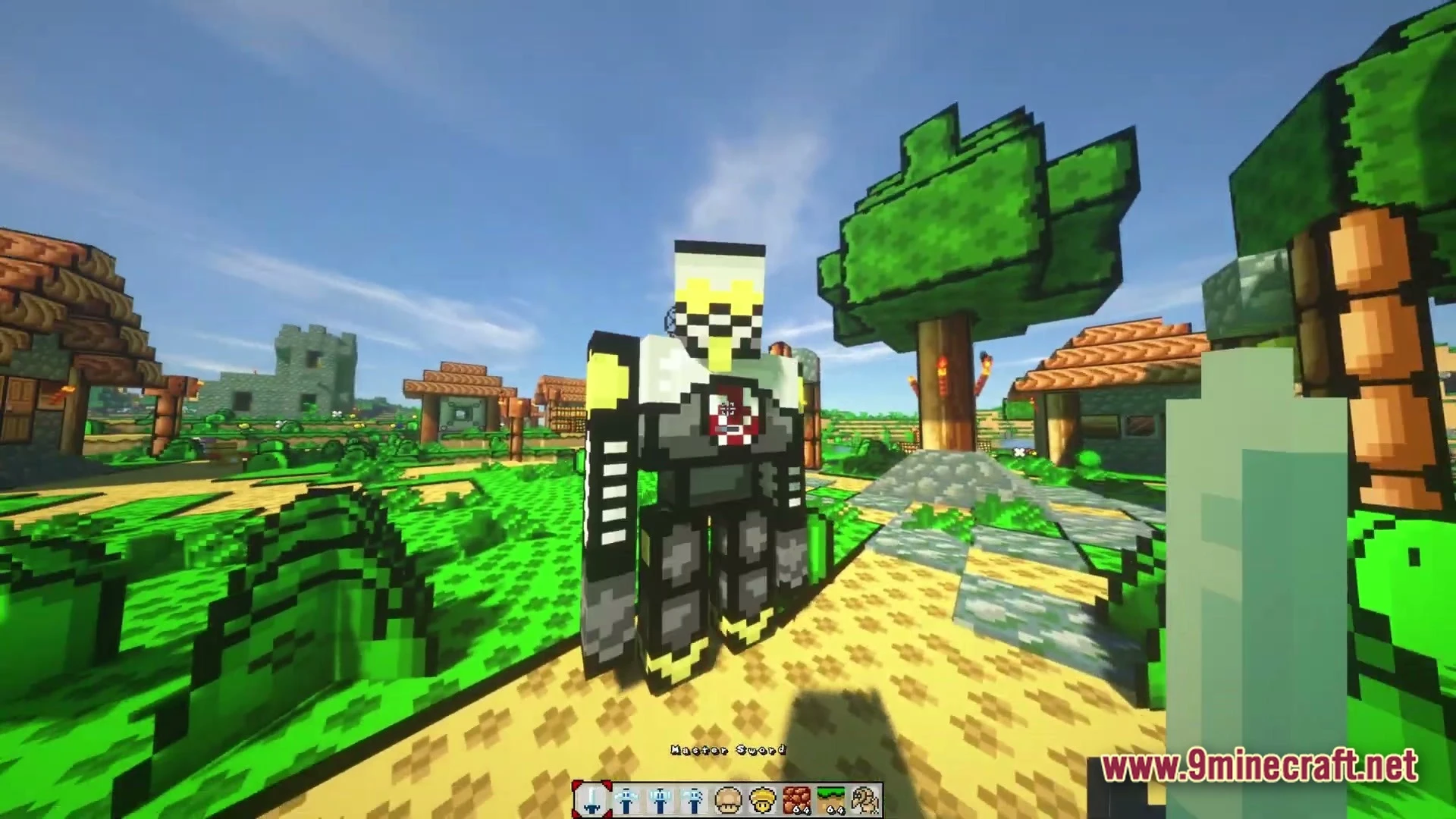 Triple Jump Portal Modpack (1.21.1) – Classic 3D Platformer Survival 5 A player character in custom armor stands in a cel-shaded village with stylized trees and structures