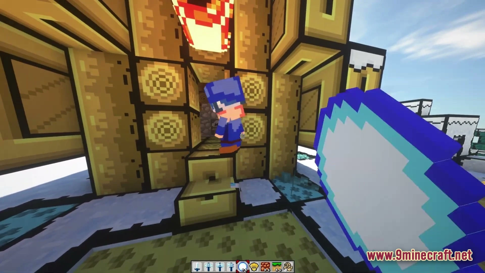 Triple Jump Portal Modpack (1.21.1) – Classic 3D Platformer Survival 7 A player character stands near a wooden structure while holding a blue circular item in first-person