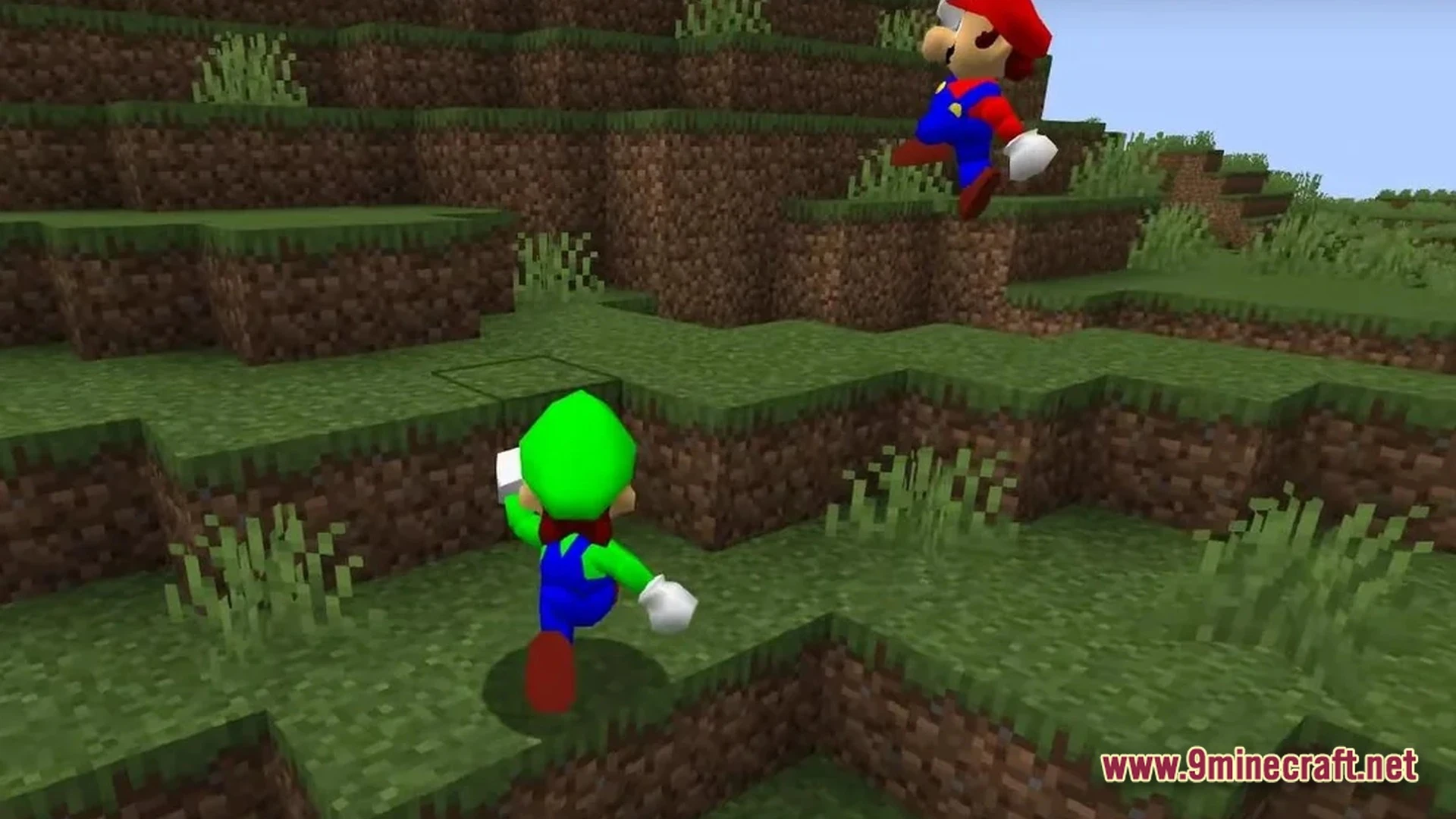 Triple Jump Portal Modpack (1.21.1) – Classic 3D Platformer Survival 8 Mario and luigi character models jumping across a grassy hill in a minecraft world