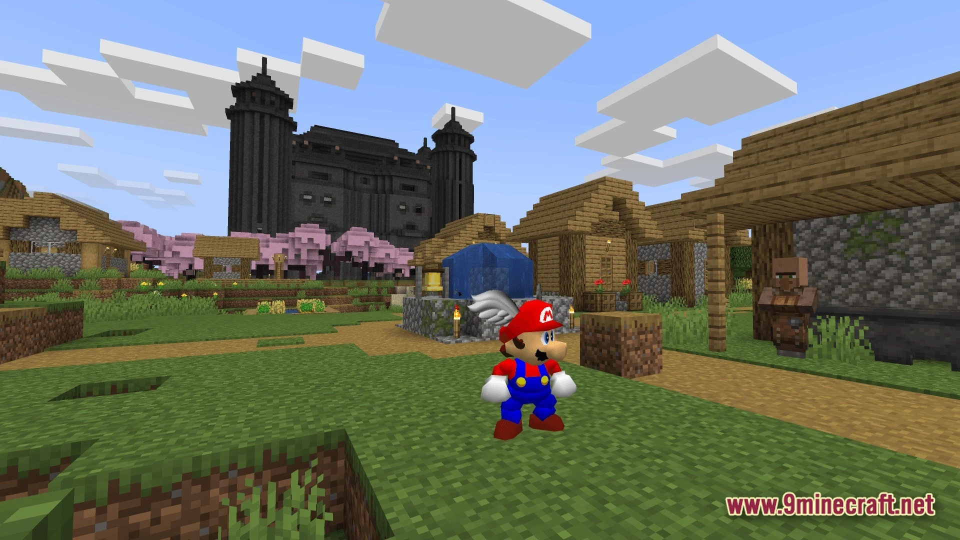 Triple Jump Portal Modpack (1.21.1) – Classic 3D Platformer Survival 10 A 3d mario character model stands in a village with a large dark fortress in the background