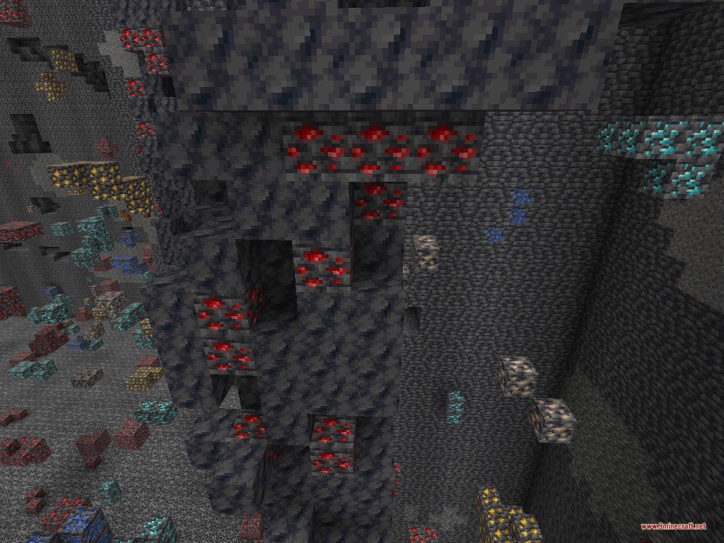 Massive underground ore deposits including redstone and diamond veins in a cross section