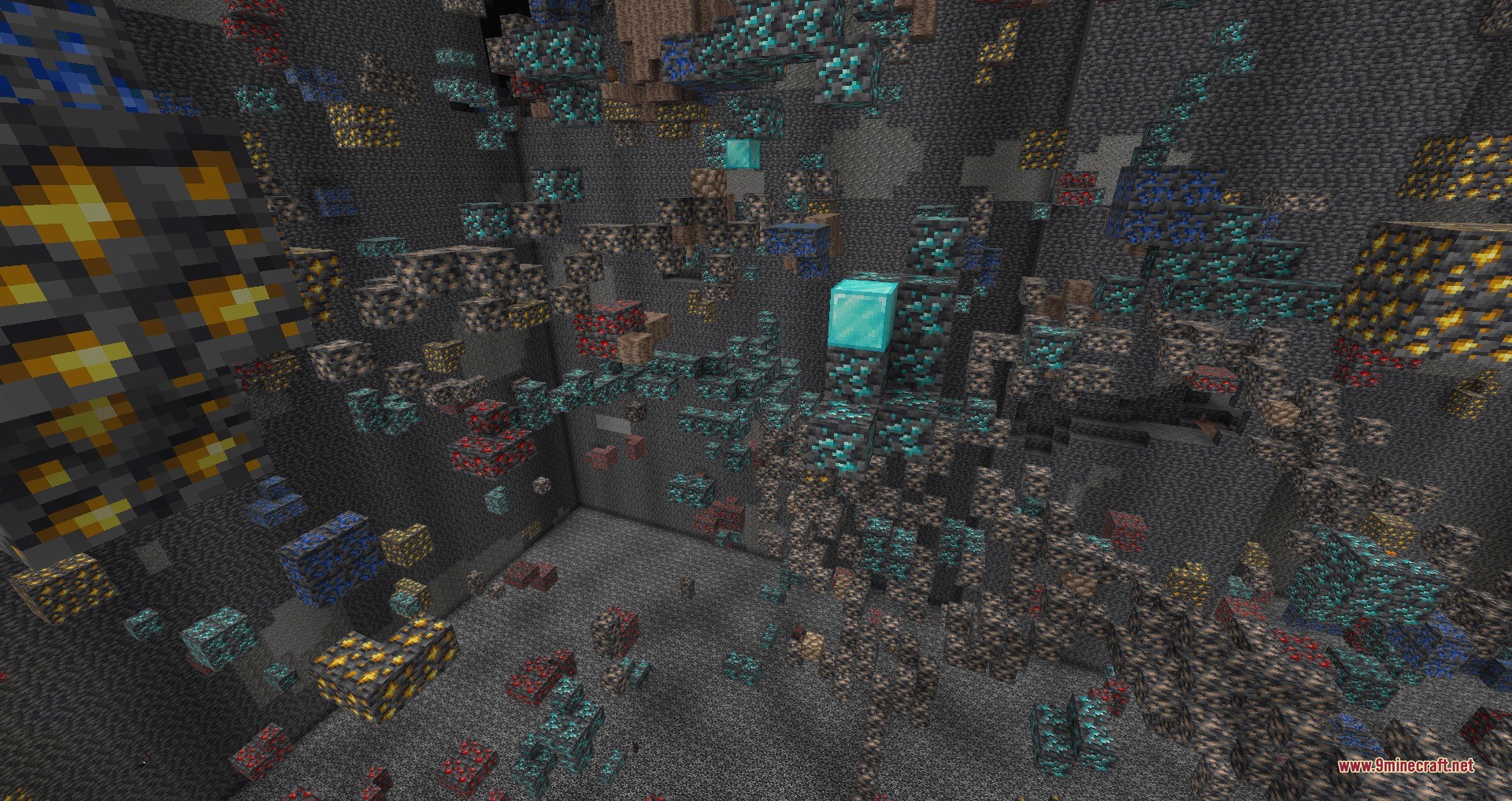 Massive underground cavern filled with giant clusters of various precious mineral ores