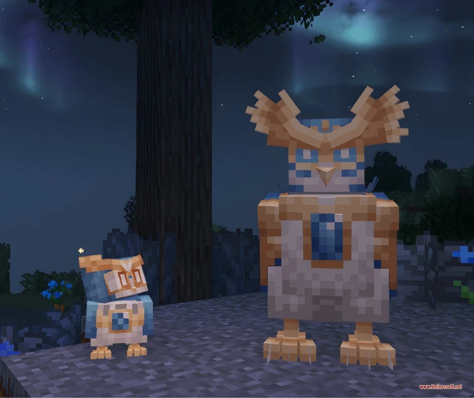 Untamed Frontier Chronicles Data Pack (1.21.1) – Catch And Raise New Custom 2 Two owl like fakemon standing together in a dark forest at night