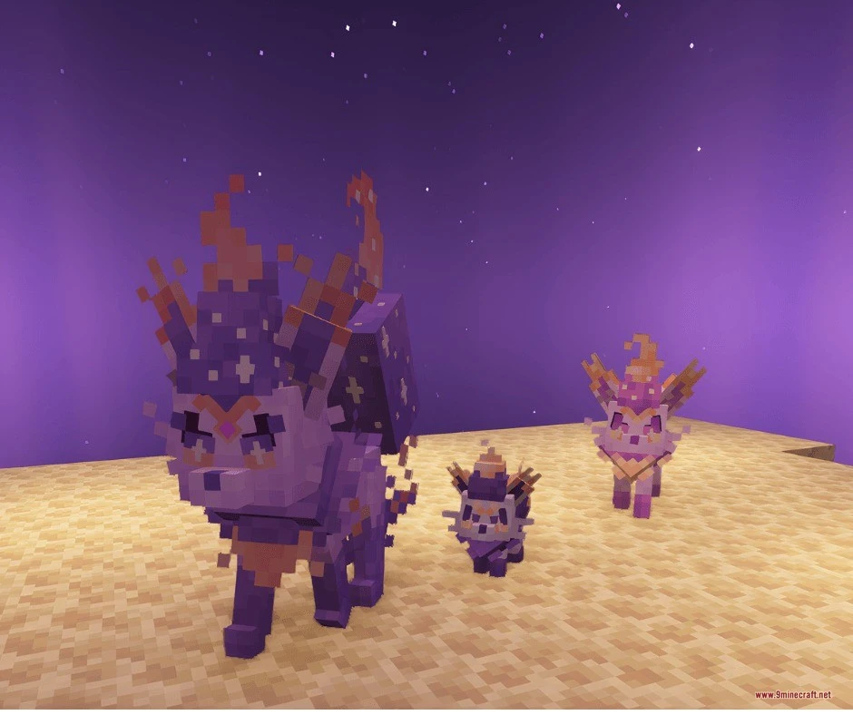 Untamed Frontier Chronicles Data Pack (1.21.1) – Catch And Raise New Custom 5 Three purple fox creatures with starry patterns walking on sand under the night sky