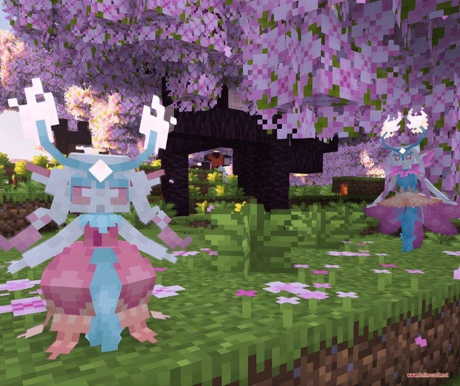 Untamed Frontier Chronicles Data Pack (1.21.1) – Catch And Raise New Custom 7 Two pink and blue fairy creatures standing under blooming cherry blossom trees