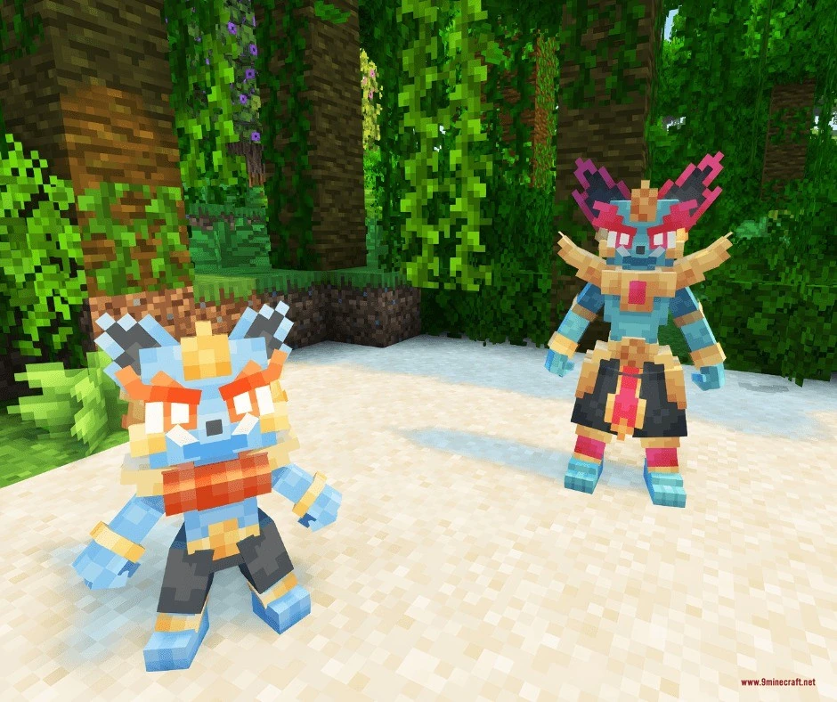 Untamed Frontier Chronicles Data Pack (1.21.1) – Catch And Raise New Custom 8 Two blue fox creatures standing on sand near a lush jungle biome