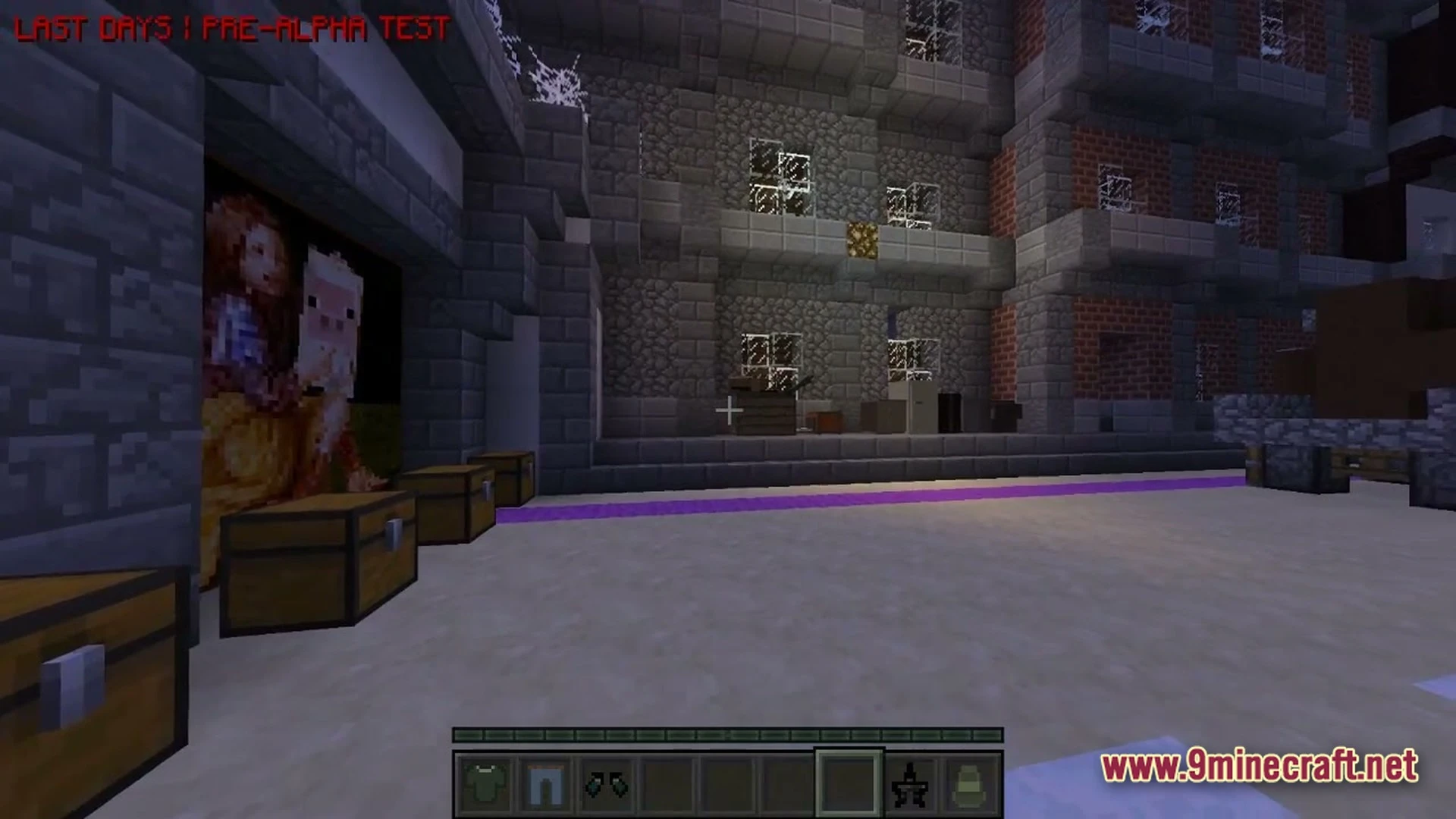 A multi-story stone and brick urban structure featuring chests, paintings, and a custom user interface