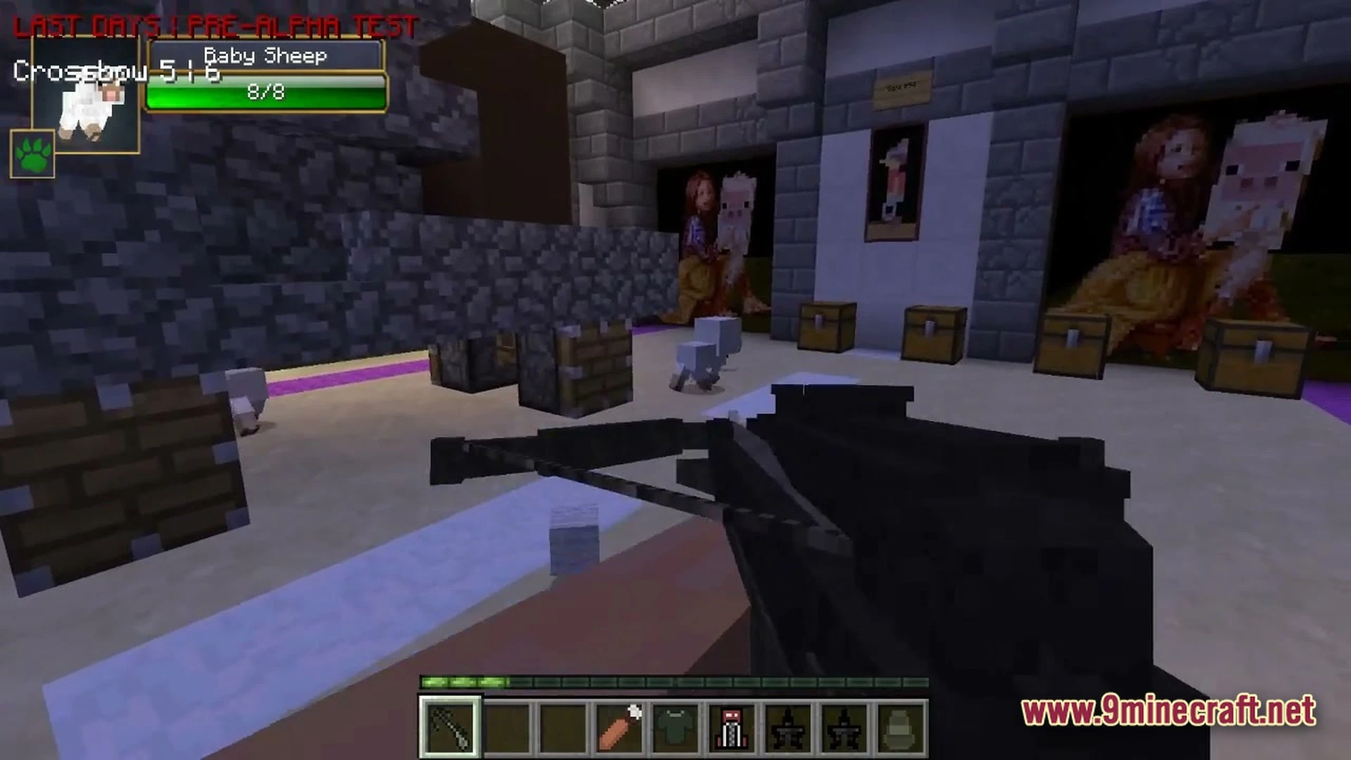 A player holds a crossbow while aiming at a baby sheep inside a stone building