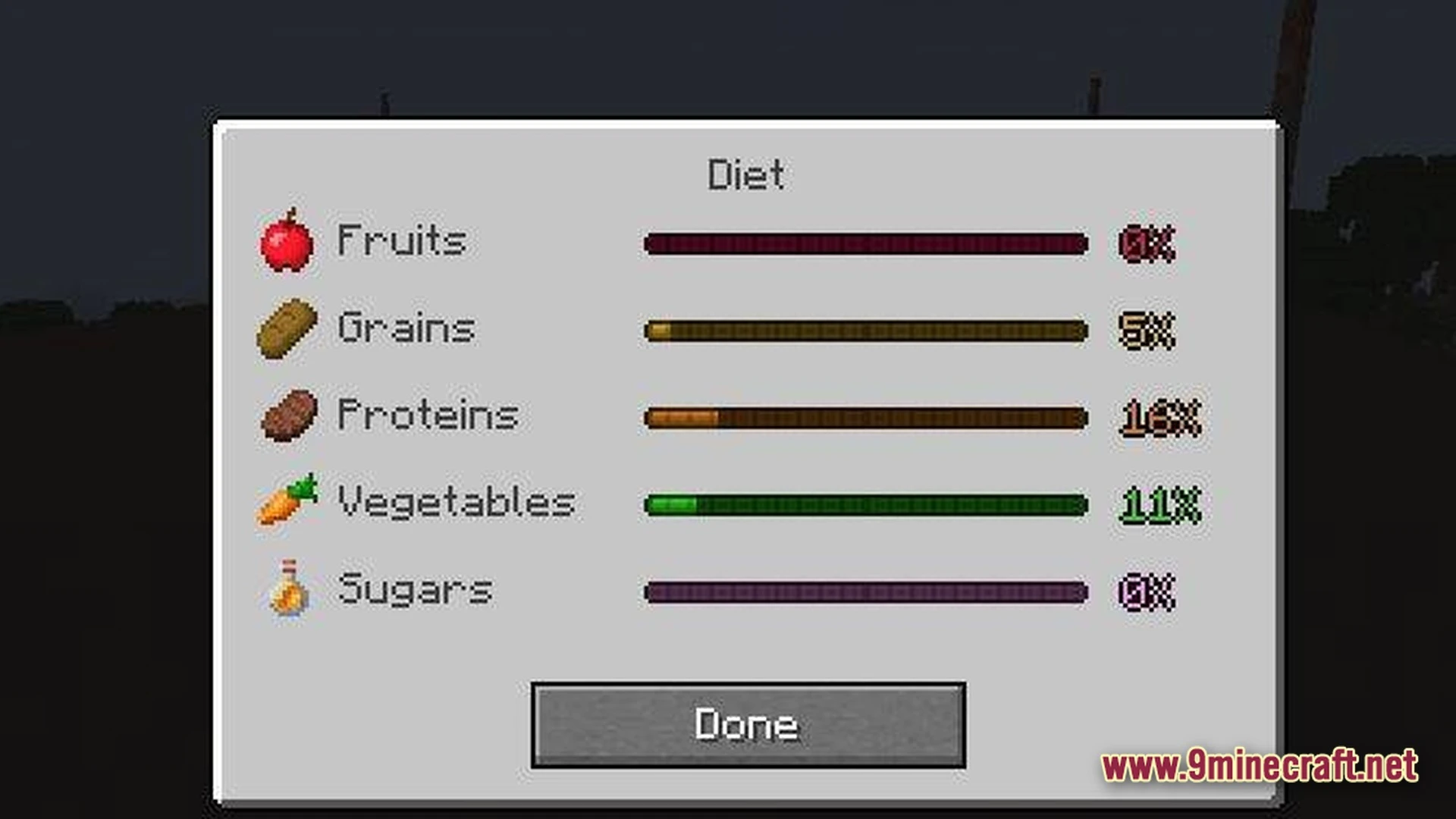 A diet interface menu displaying nutritional categories including fruits, grains, proteins, vegetables, and sugars