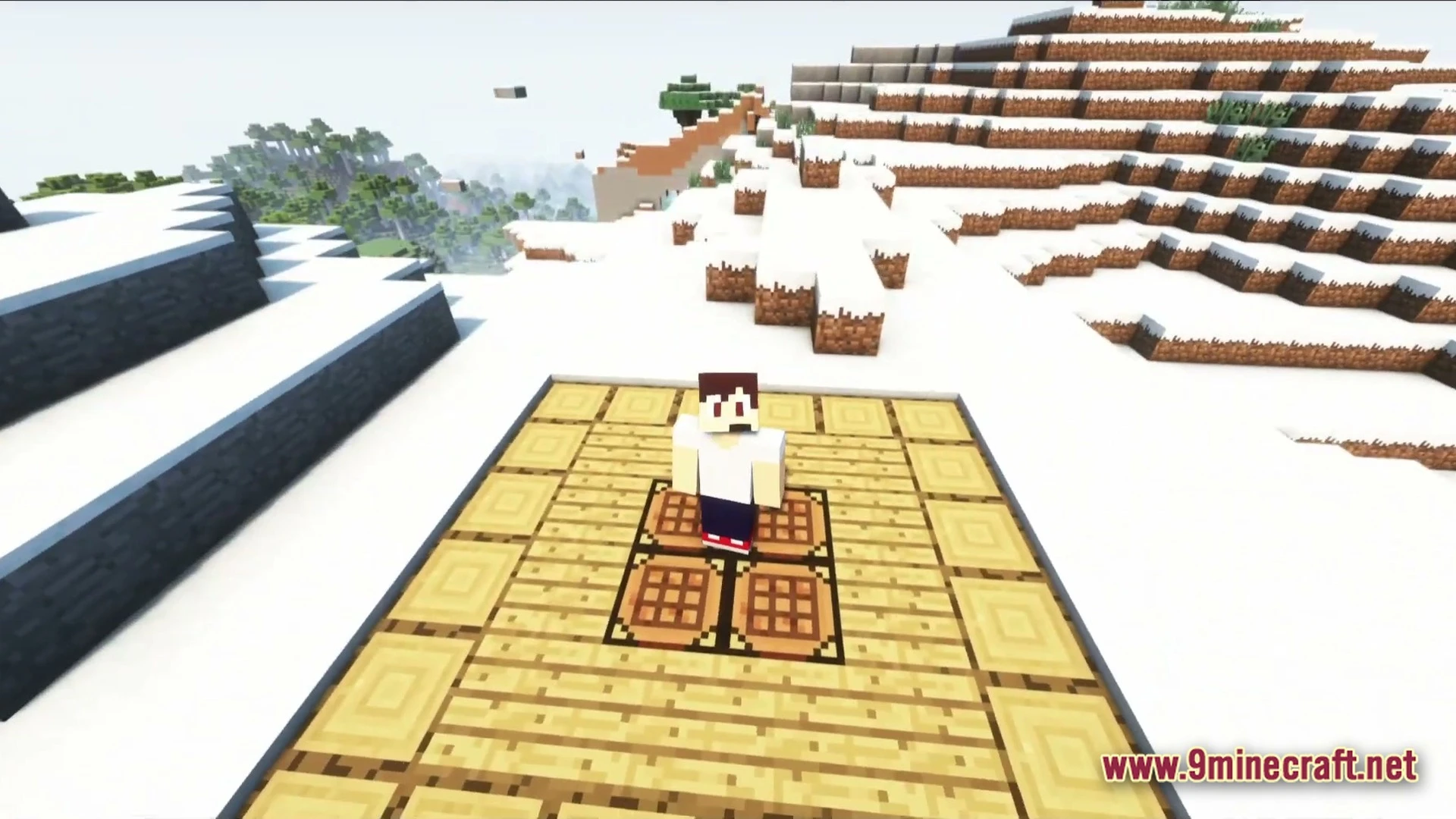 A player character stands on a wooden platform with crafting tables in a snowy mountain biome