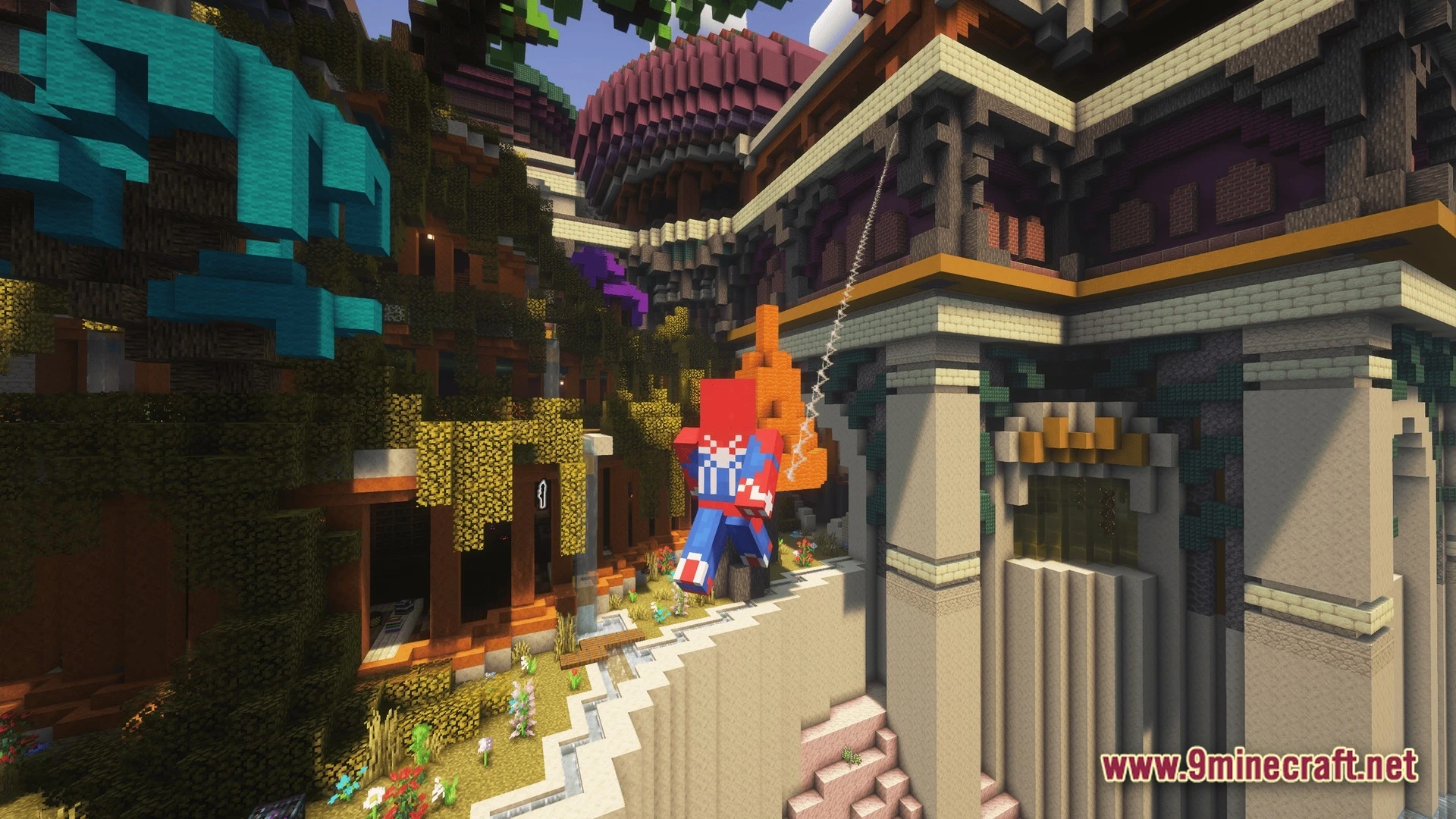 A player wearing a spider-man skin uses a web-swinging mechanic near large, ornate stone structures