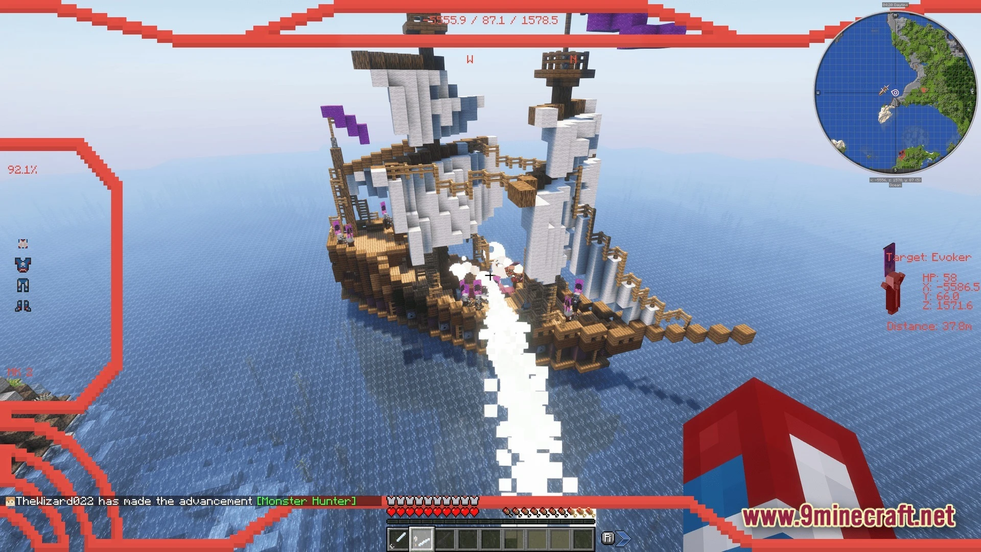 An aerial view of a large wooden sailing ship manned by illagers in an ocean biome