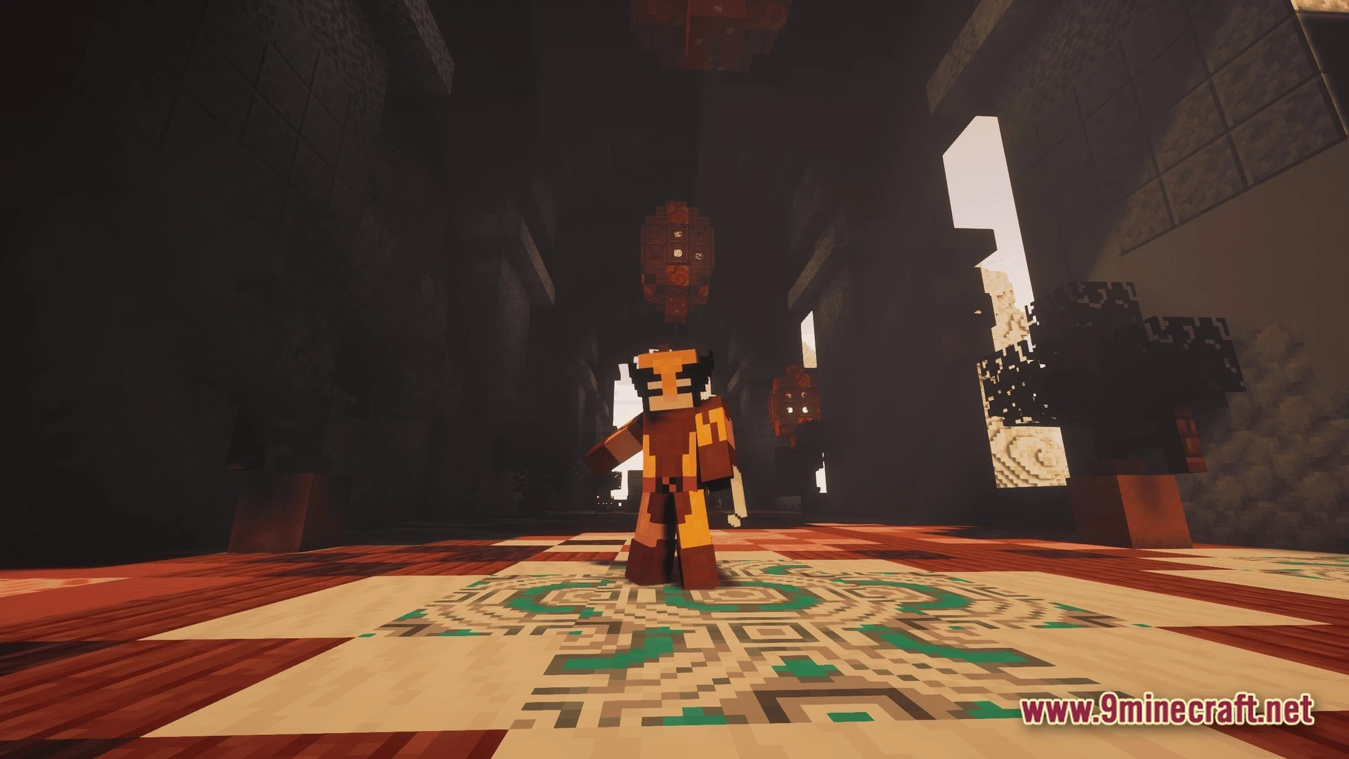 A player character wearing a wolverine skin stands inside a large, dimly lit stone hall