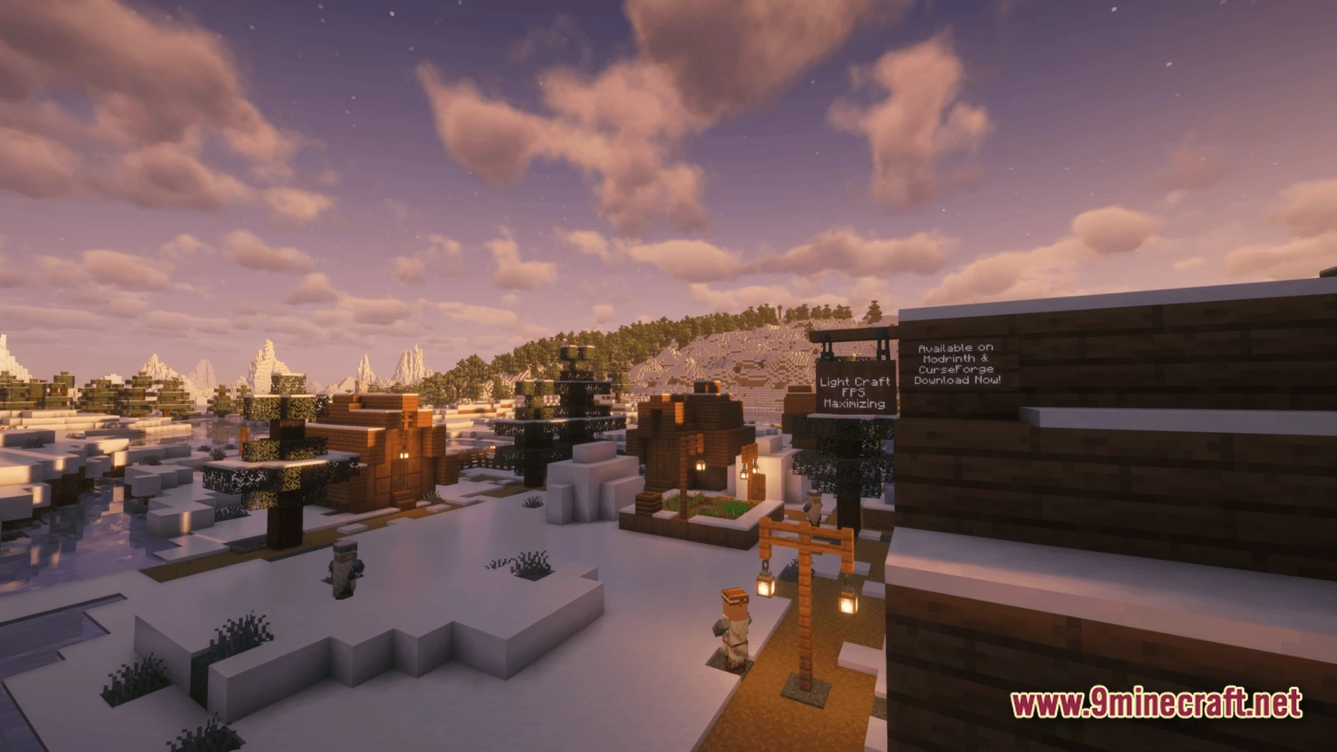 A snowy minecraft village with wooden houses and villagers under a sunset sky with shaders
