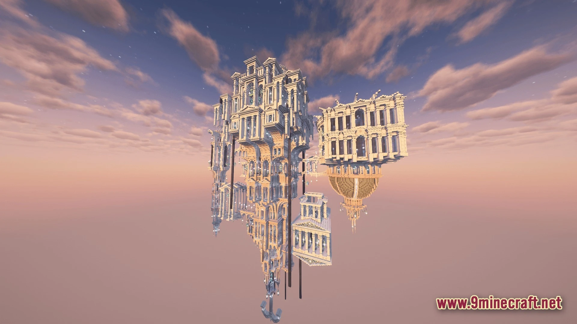 Vessel Of The Void Modpack (1.21.1) – Fly Craft And Conquer 11 A massive, ornate neoclassical palace structure floats in a void dimension under a sunset sky