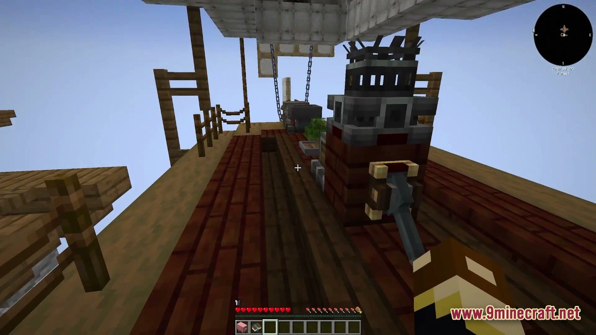 Vessel Of The Void Modpack (1.21.1) – Fly Craft And Conquer 3 A player stands on the wooden deck of a flying airship featuring various industrial machinery