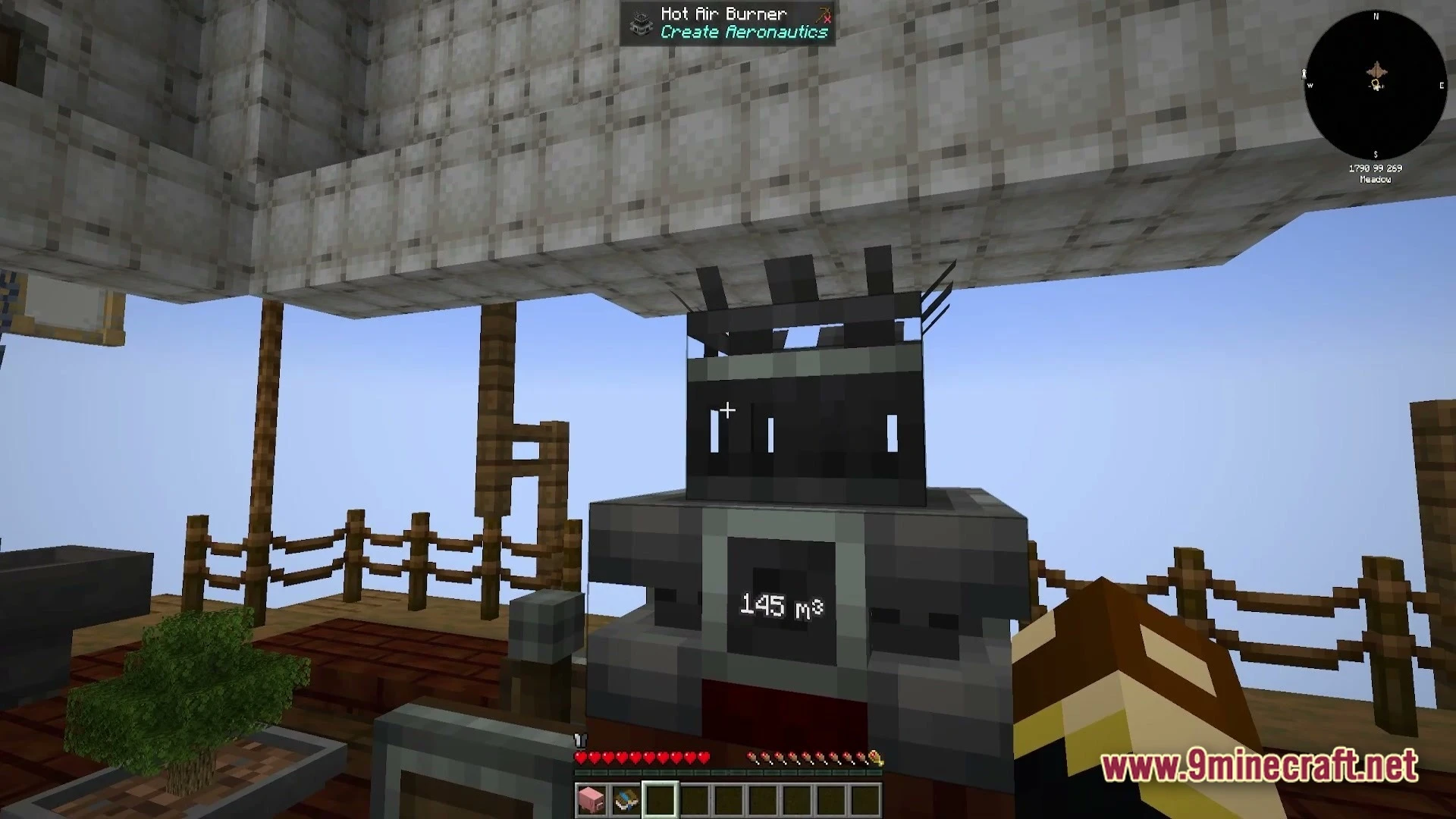 Vessel Of The Void Modpack (1.21.1) – Fly Craft And Conquer 4 A hot air burner machine from create aeronautics placed on a wooden airship deck