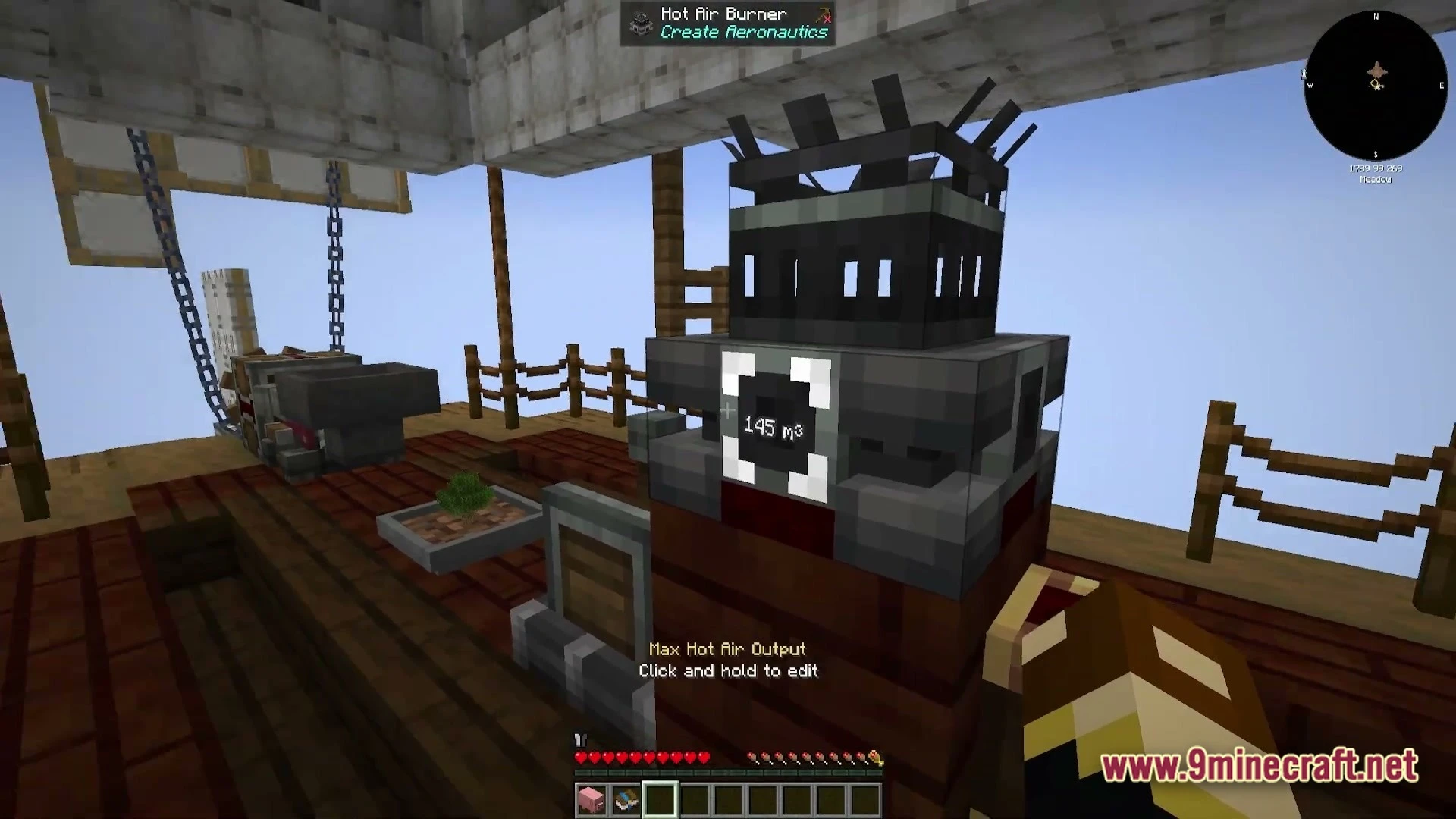 Vessel Of The Void Modpack (1.21.1) – Fly Craft And Conquer 5 A hot air burner machine from create aeronautics sits on a wooden airship deck