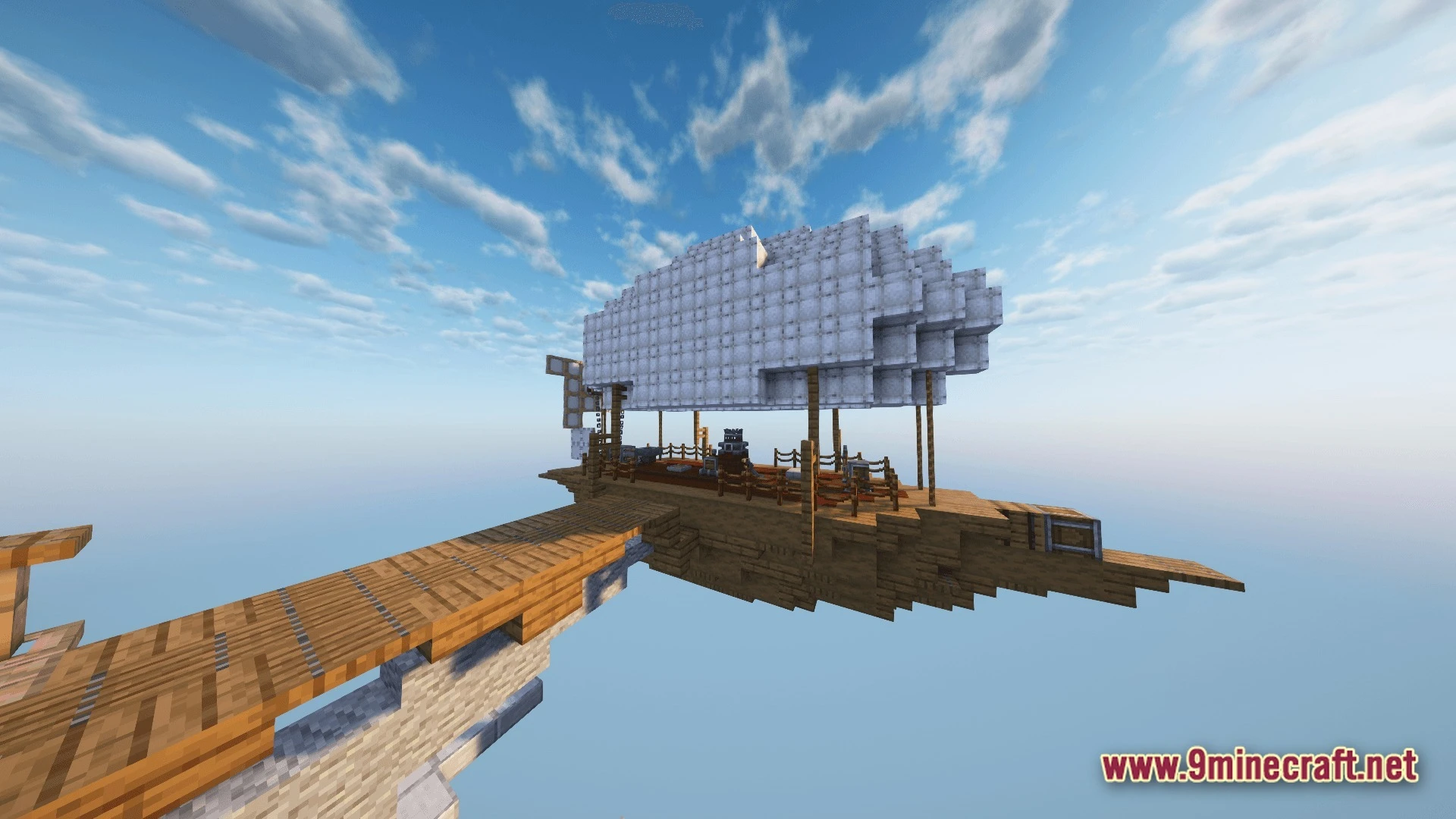 Vessel Of The Void Modpack (1.21.1) – Fly Craft And Conquer 9 A wooden airship with a white balloon docked at a high-altitude platform against a blue sky