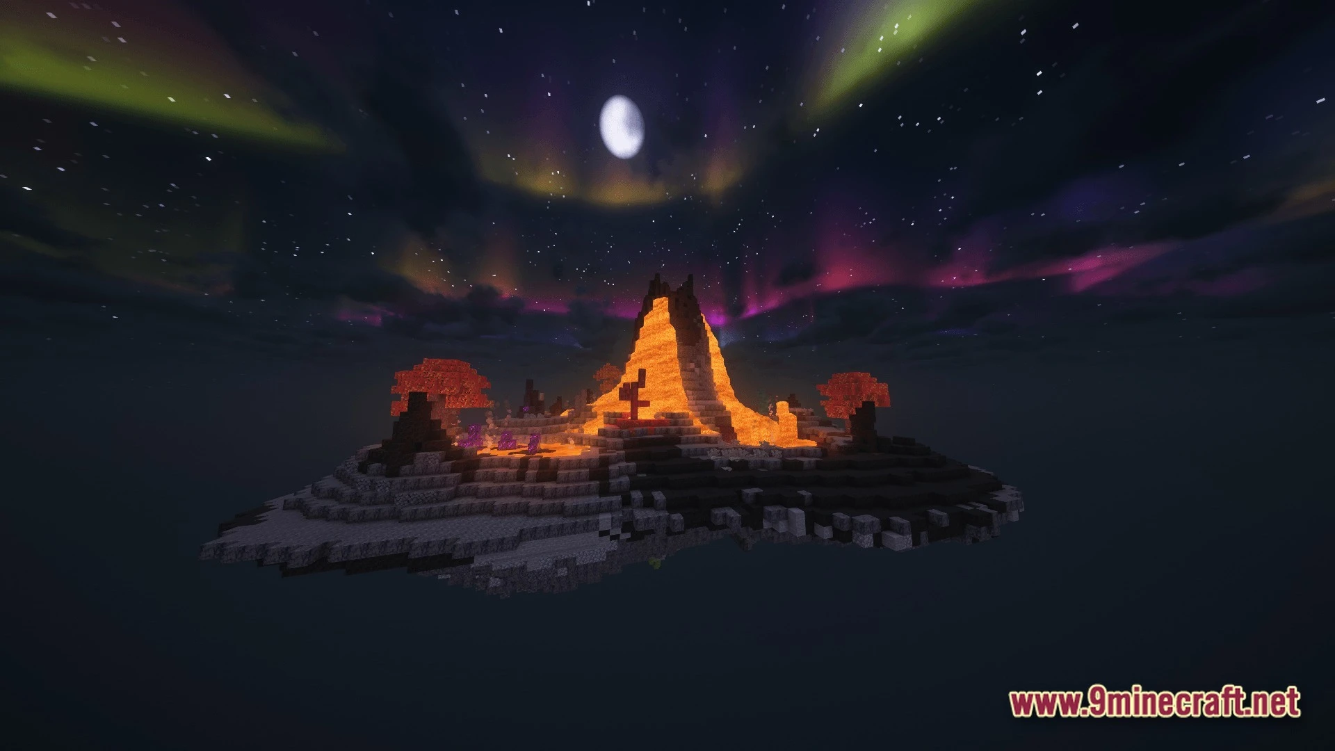 Vessel Of The Void Modpack (1.21.1) – Fly Craft And Conquer 10 A floating volcanic island with lava flows under a starry sky featuring a colorful aurora