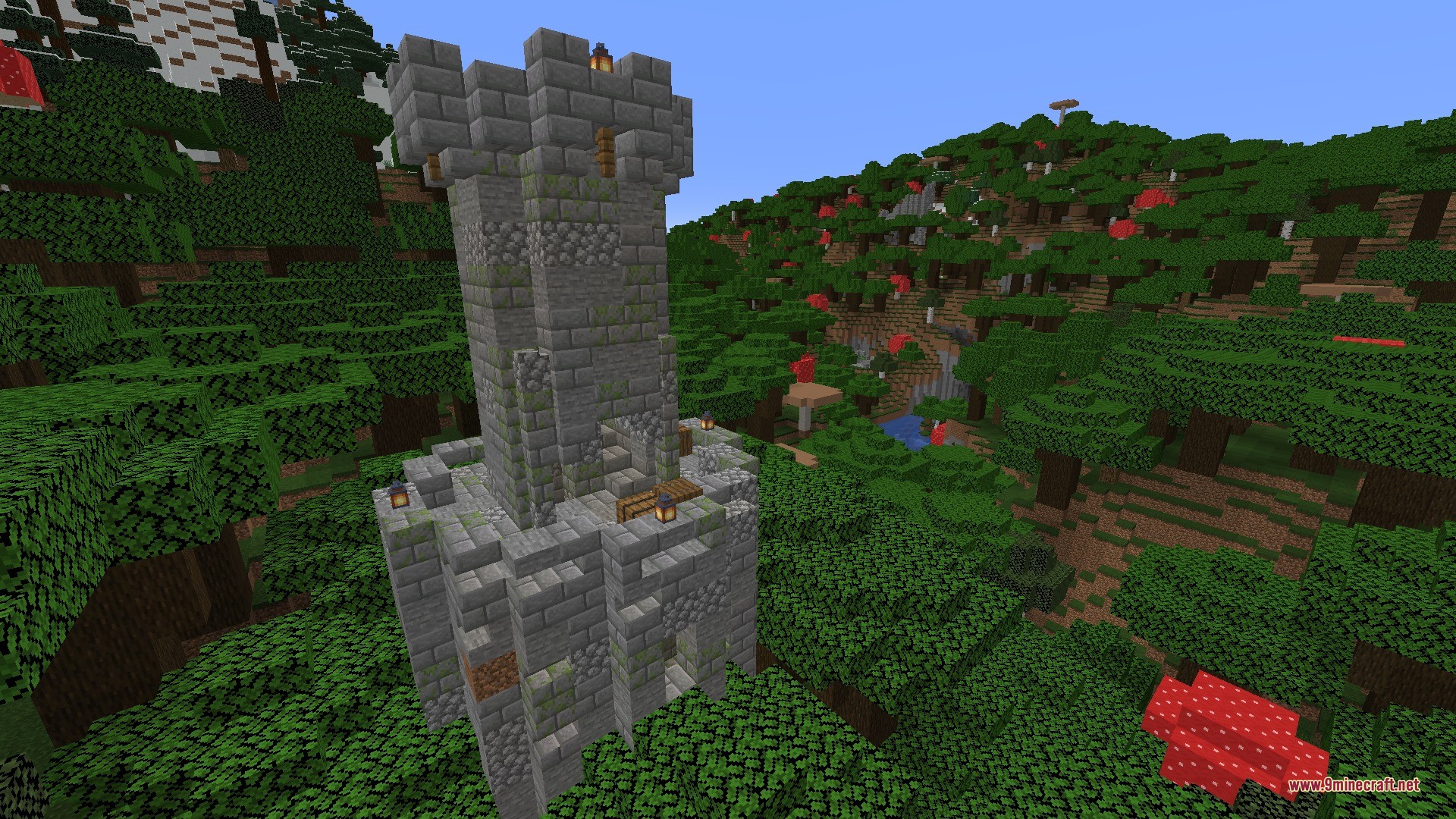 An ancient stone tower overlooks a dark forest filled with giant red mushrooms