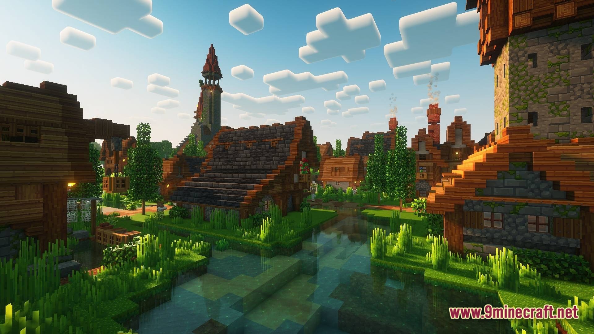 Vividia Horizon Modpack (1.21.10) – Fresh Animations Dimensions And Building 8 A medieval village with stone and wood houses situated along a river under a bright sky
