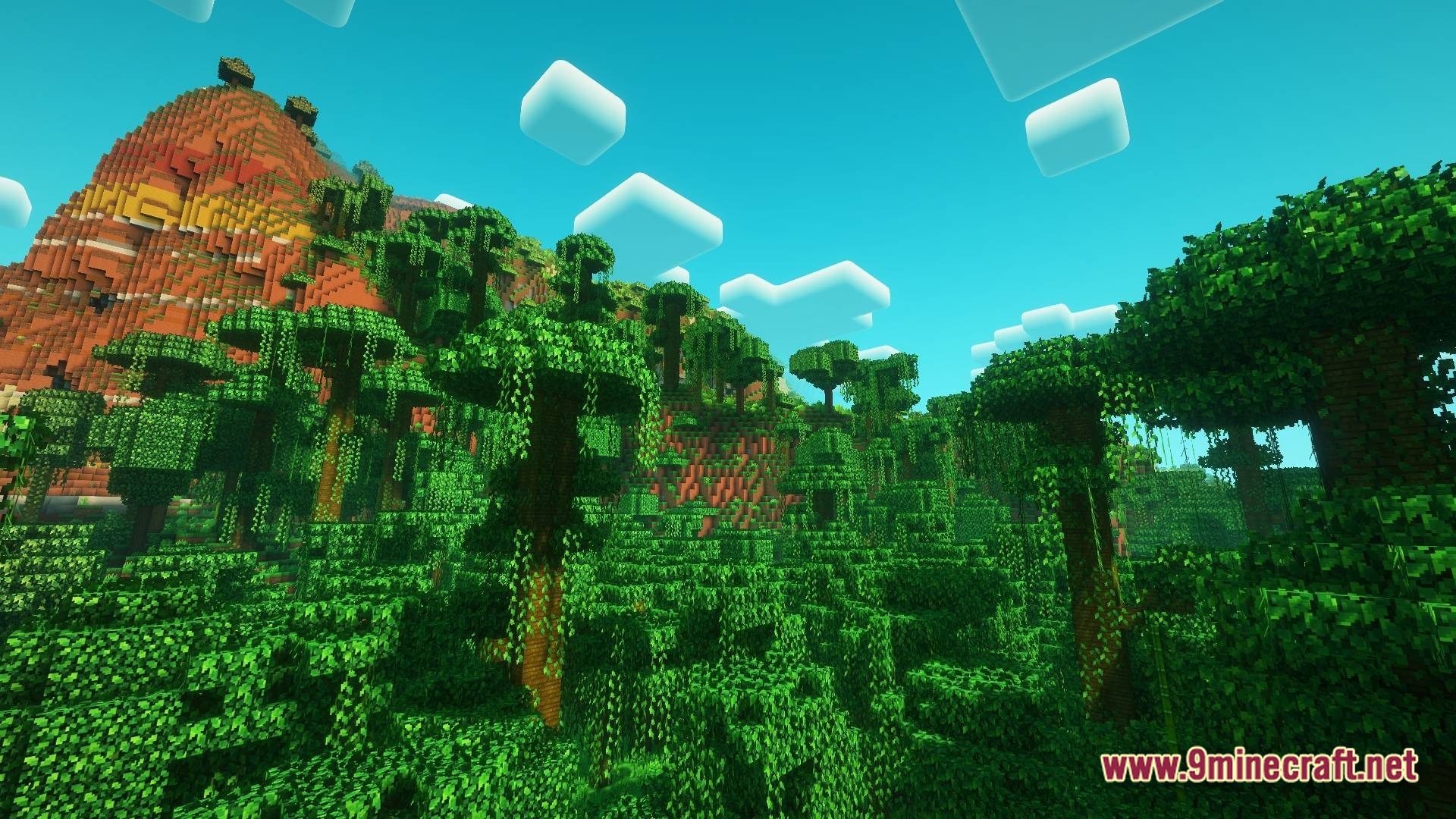 Vividia Horizon Modpack (1.21.10) – Fresh Animations Dimensions And Building 9 Dense jungle trees with hanging vines grow at the base of a large terracotta mountain