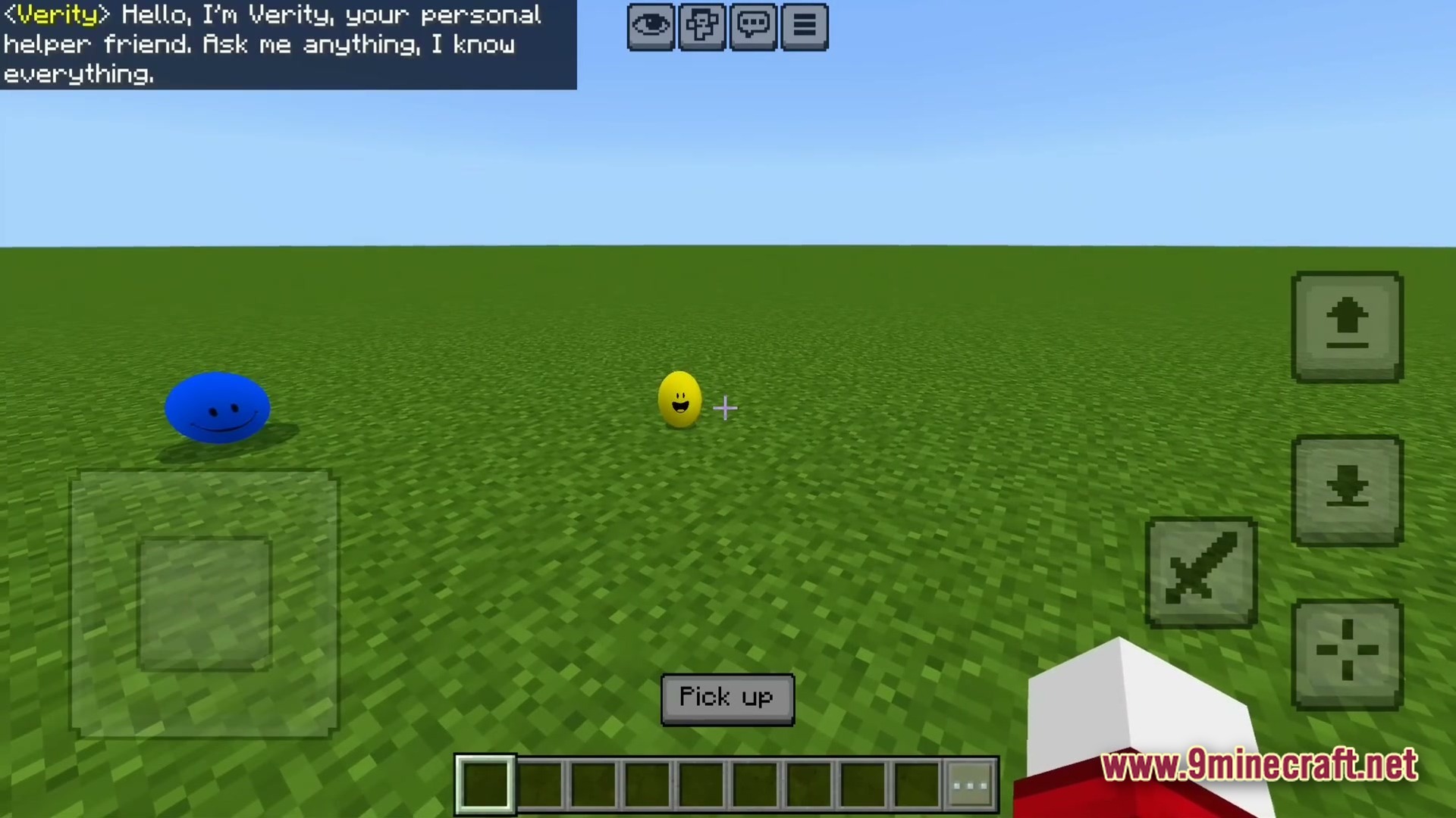 Whispering Neural Fear Modpack (1.20.1) – Survive With A Strange Helper 2 A flat grass world featuring a blue sphere and a yellow entity named verity with chat
