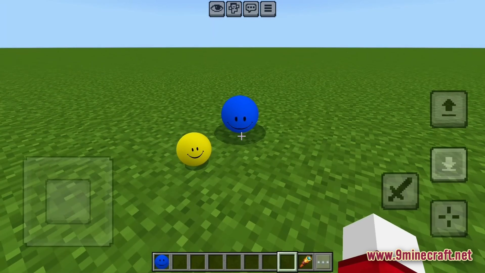 Whispering Neural Fear Modpack (1.20.1) – Survive With A Strange Helper 4 Yellow and blue spherical smiley face mobs stand on a flat grass plain in minecraft