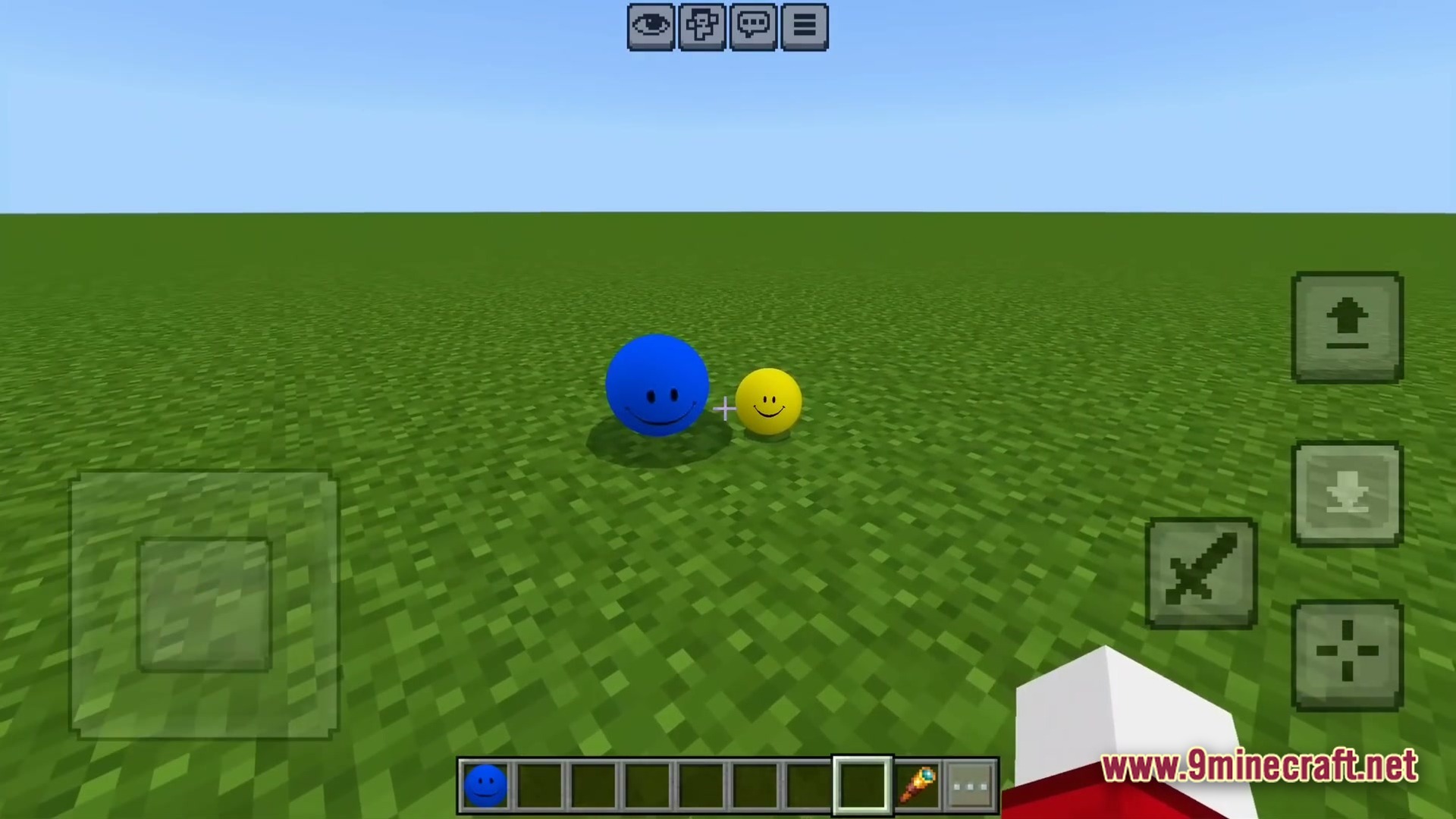 Whispering Neural Fear Modpack (1.20.1) – Survive With A Strange Helper 5 Two spherical entities with smiley faces sit on a flat grass plain in a superflat world