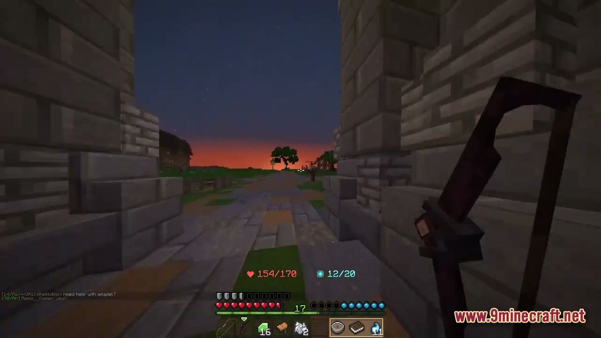 Wynnbound Essentials Modpack (1.21.4) – Essential Tools For Wynncraft 2 A first-person view of a player holding a bow while standing between stone brick pillars at sunset