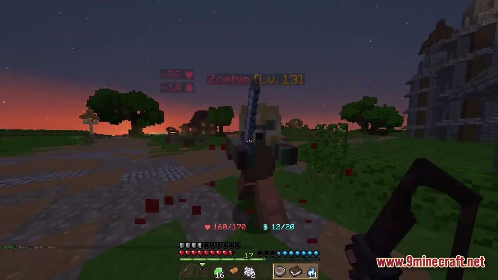 Wynnbound Essentials Modpack (1.21.4) – Essential Tools For Wynncraft 3 A player engages a level thirteen zombie at sunset using a custom rpg-style user interface