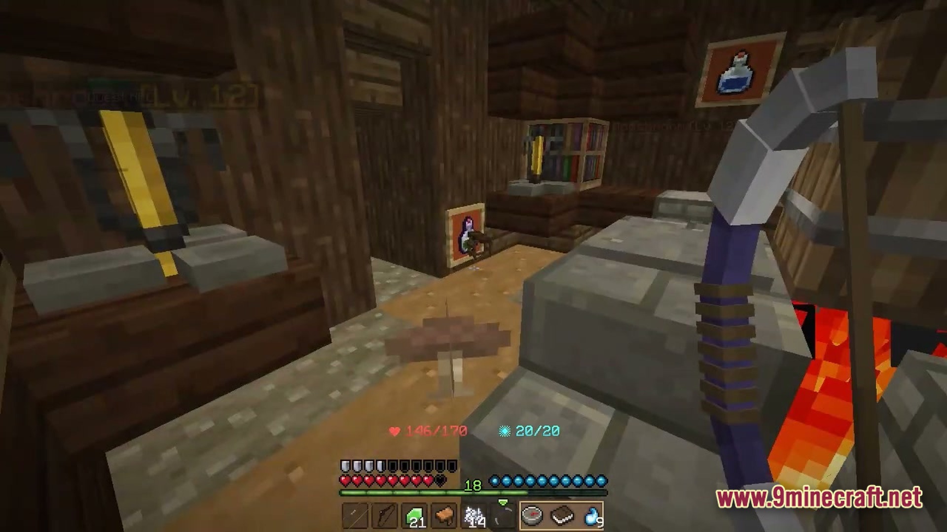Wynnbound Essentials Modpack (1.21.4) – Essential Tools For Wynncraft 5 A first-person view of a wooden interior featuring brewing stands, potions, and a custom bow