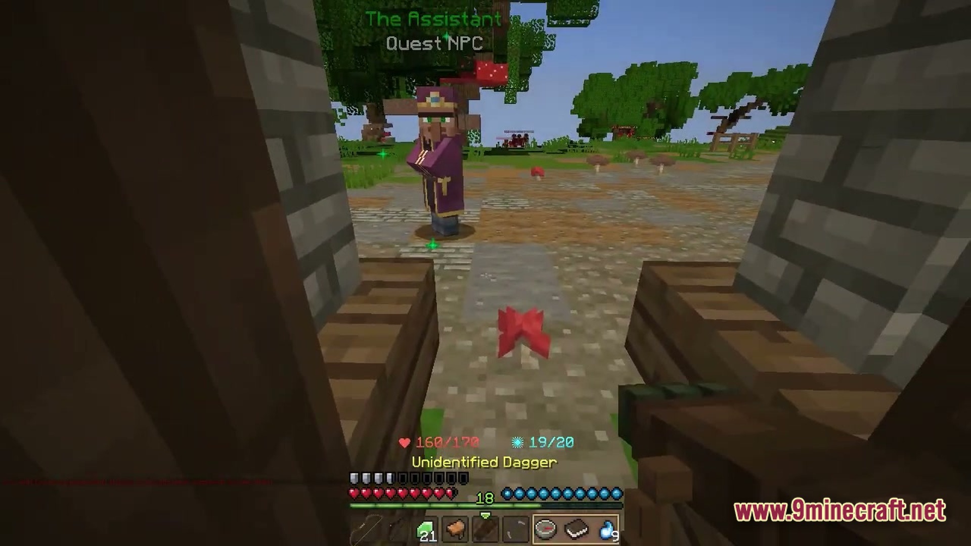 Wynnbound Essentials Modpack (1.21.4) – Essential Tools For Wynncraft 6 A player holds an unidentified dagger while approaching a quest npc named the assistant