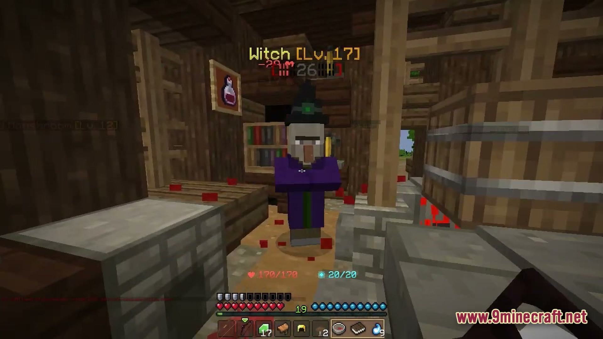 Wynnbound Essentials Modpack (1.21.4) – Essential Tools For Wynncraft 7 A level seventeen witch mob stands inside a wooden structure with a custom rpg user interface