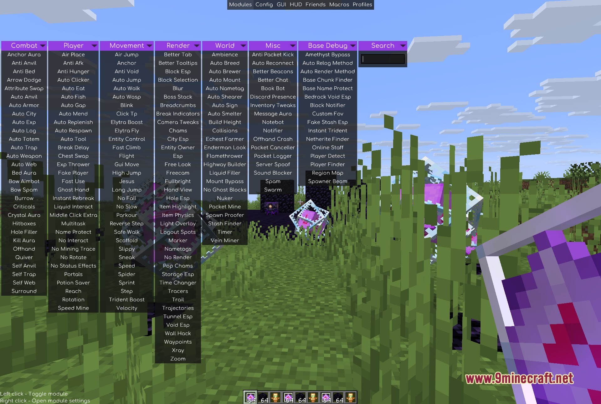 Base Debug Client Mod (1.21.11) – Track Hidden Bases And Stashes 2 The meteor client clickgui opened with right shift, showing the base debug category next to meteor's own combat, player, movement, render, world and misc panels