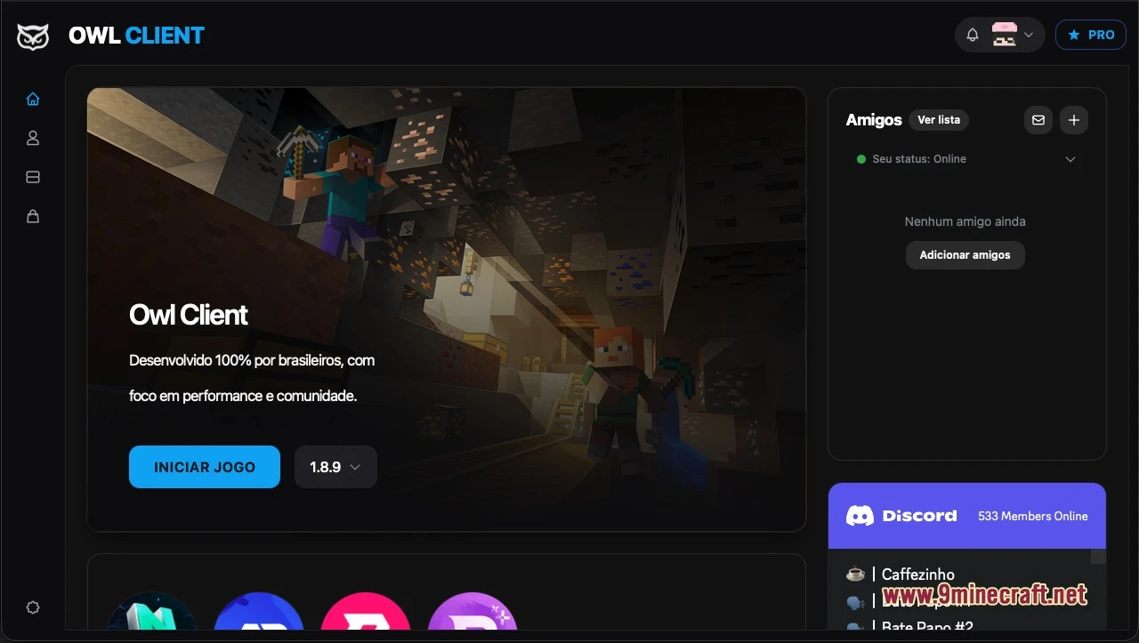 Owl Client (1.21, 1.8.9) – Standalone Launcher With Built-In Social Tools 2 The owl client home screen: pick a minecraft version, press iniciar jogo to play, and keep an eye on the friends list and discord panel on the right