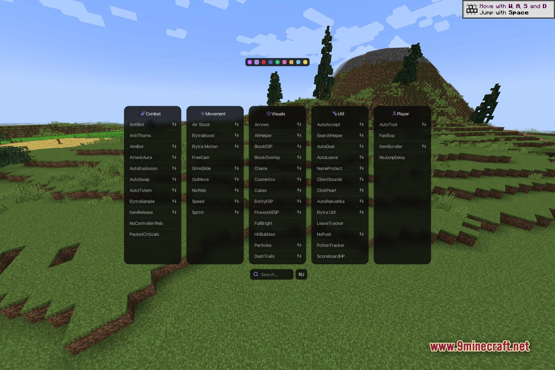 Polar client full clickgui opened over a scenic mountain background showing the combat, movement, visuals, util and player module panels side by side with the theme color picker at the top and the search bar at the bottom