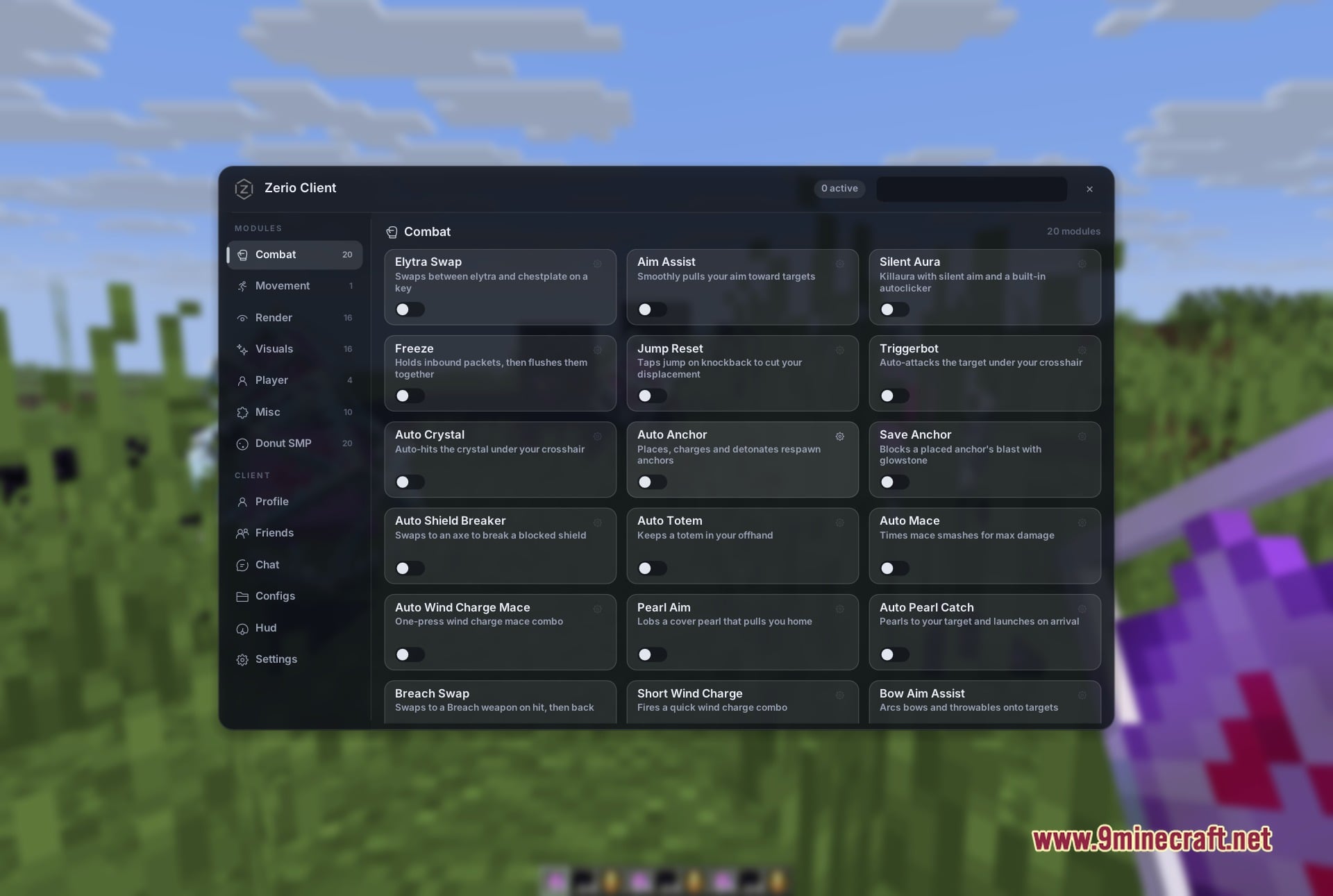 The zerio module menu with the combat category open, showing per-module toggles and settings gears.