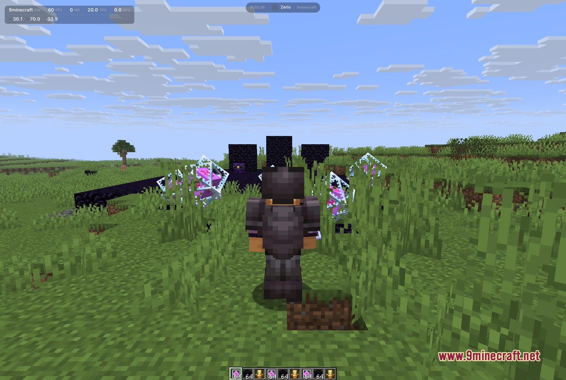 Zerio running in a crystal fight, its hud showing fps, ping, tps and player coordinates.