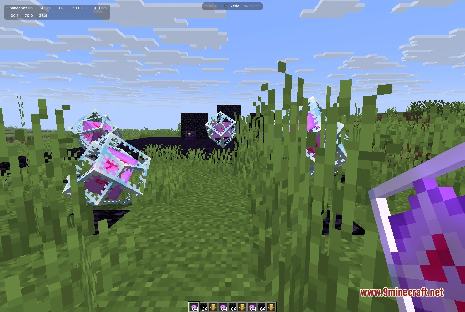 Third-person view with the client active during a crystal exchange.