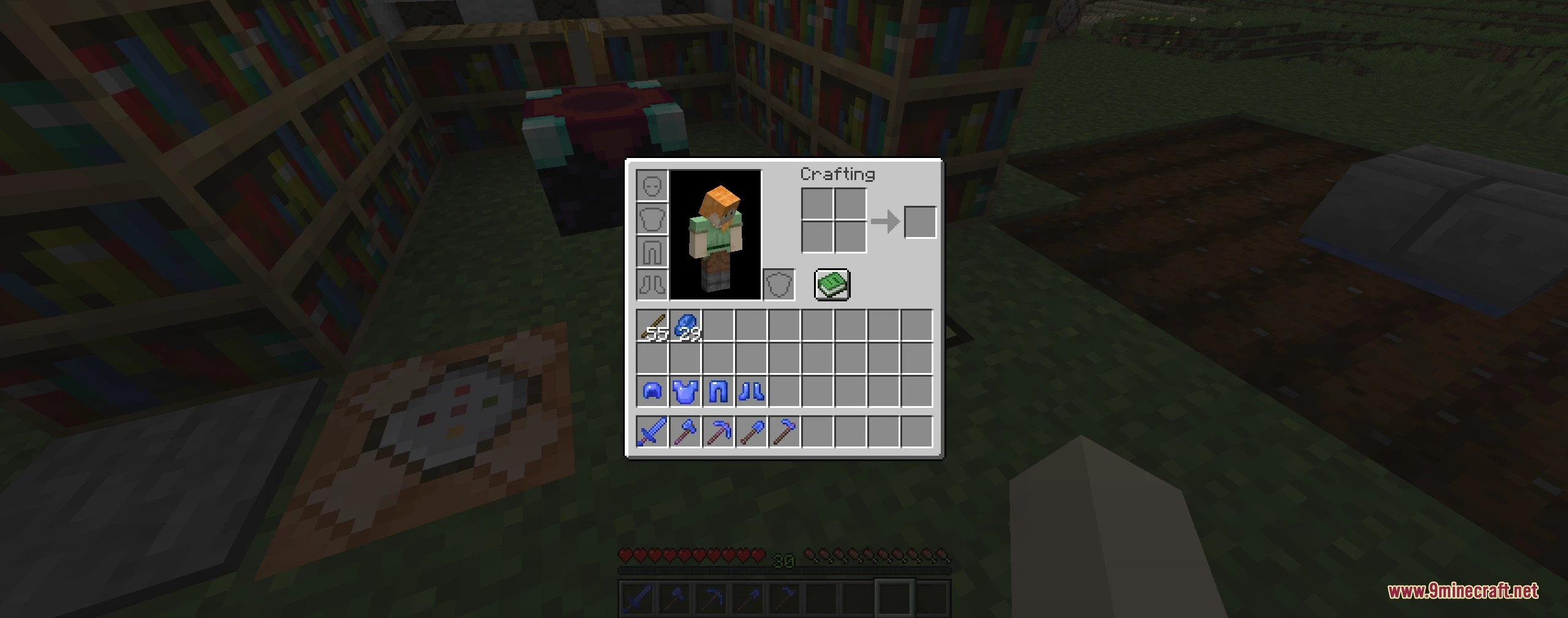 Azure Relic Tools Mod (26.3, 1.20.1) – Forge Pre-Enchanted Lapis Gear 2 Player inventory displaying blue lapis lazuli armor and tools near enchanting table