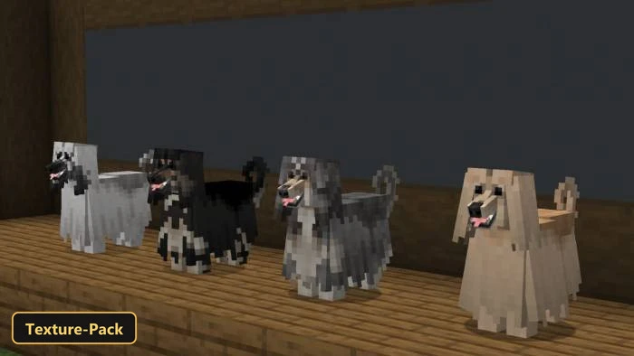 Better Dogs (26+, 1.21) – Mcpe/Bedrock Texture Pack 5 Four afghan hound models on a wooden platform at night