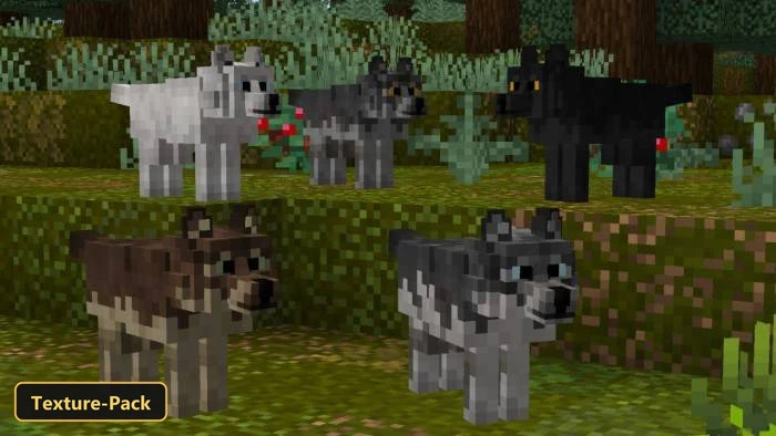 Better Dogs (26+, 1.21) – Mcpe/Bedrock Texture Pack 8 Five wolf models in a forest biome with red flowers